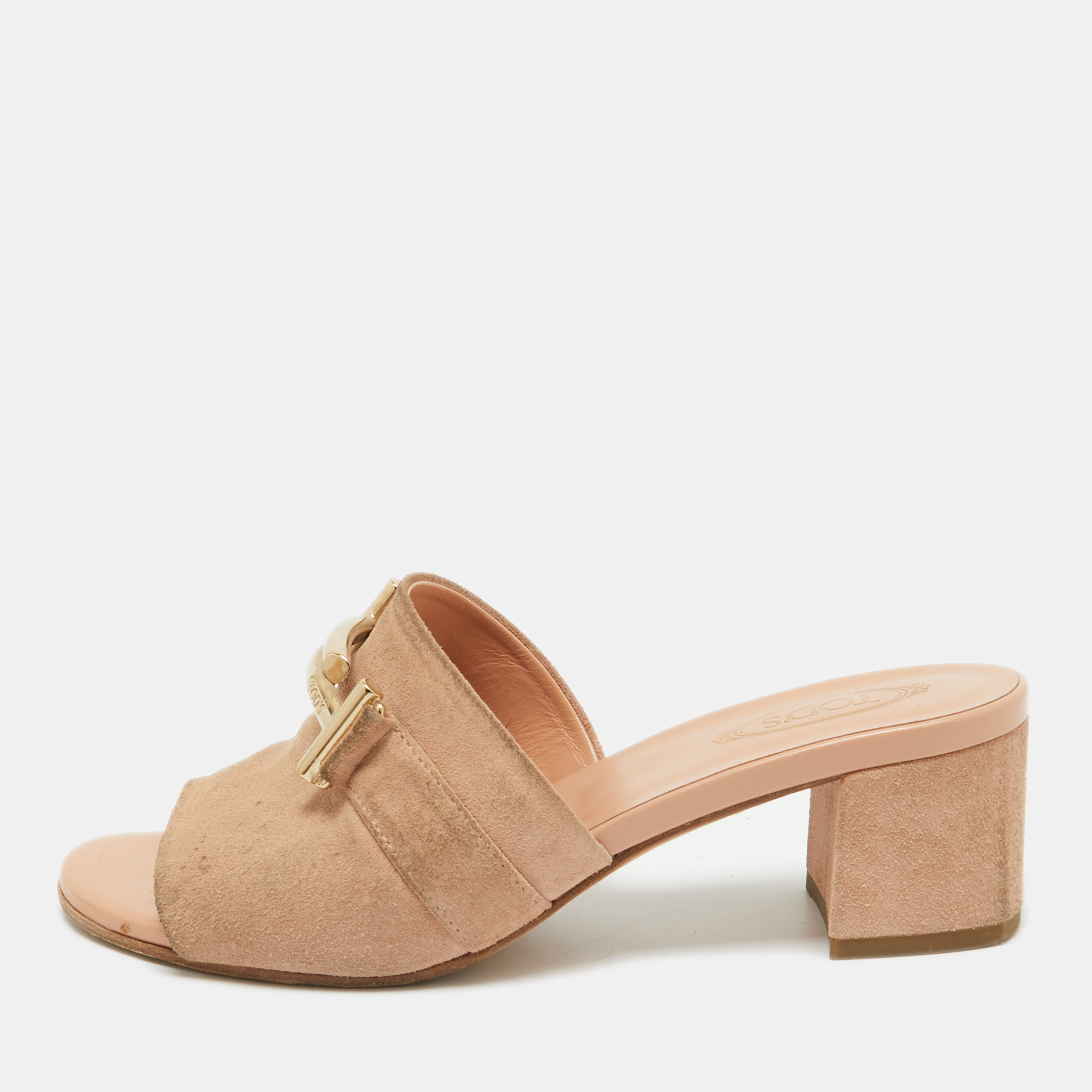 

Tod's Pink Suede Double T Buckle Slide Sandals Size