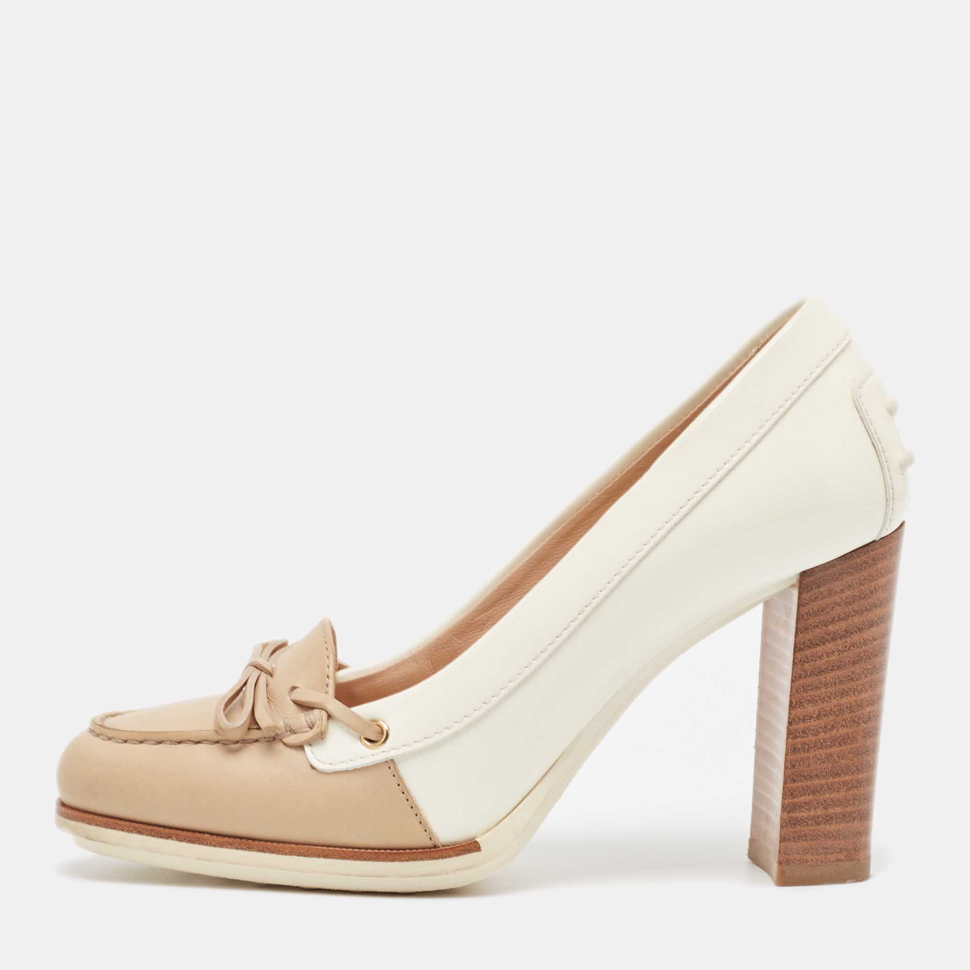 

Tod's White/Beige Patent Leather Bow Block Heel Loafer Pumps