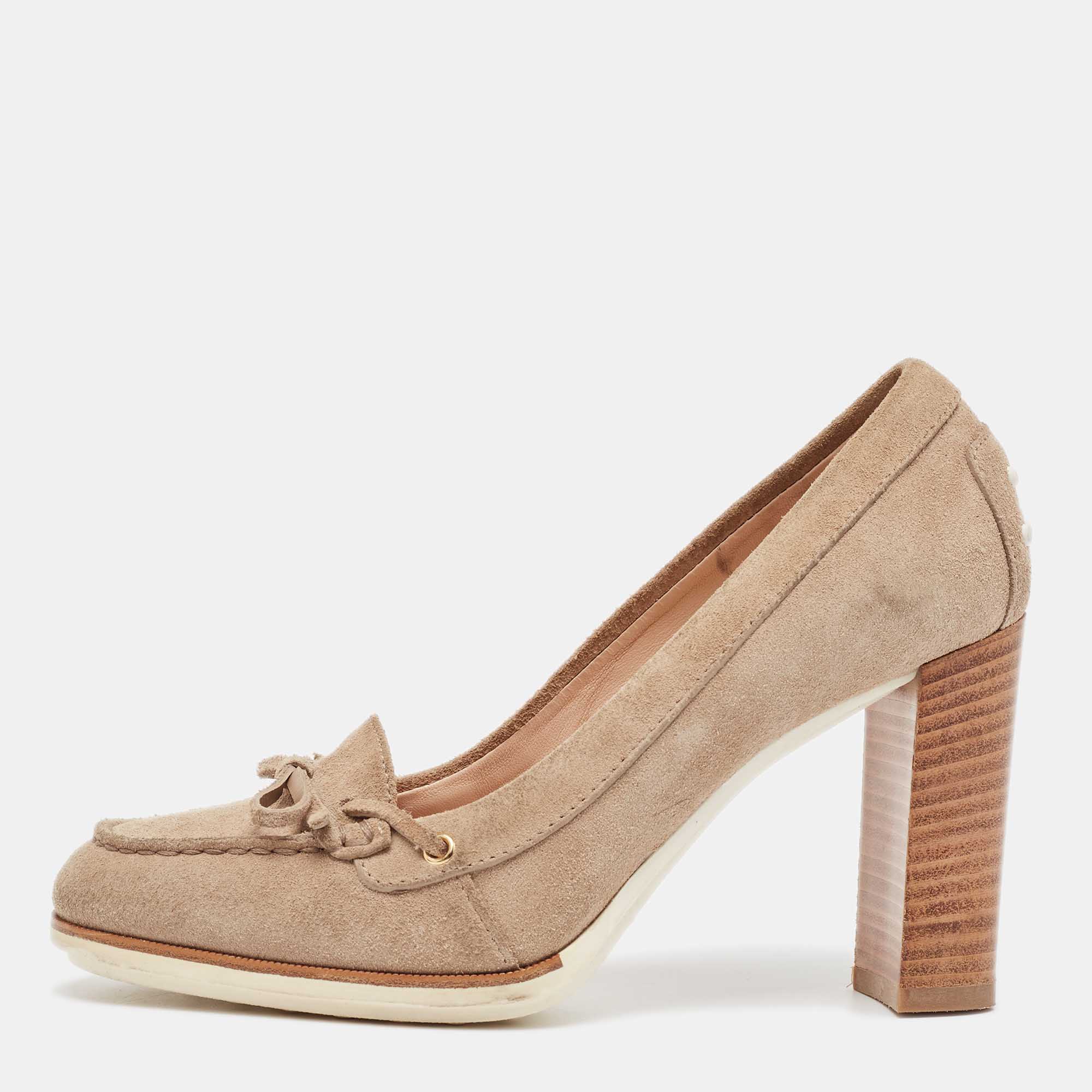 

Tod's Beige Suede Bow Block Heel Loafer Pumps