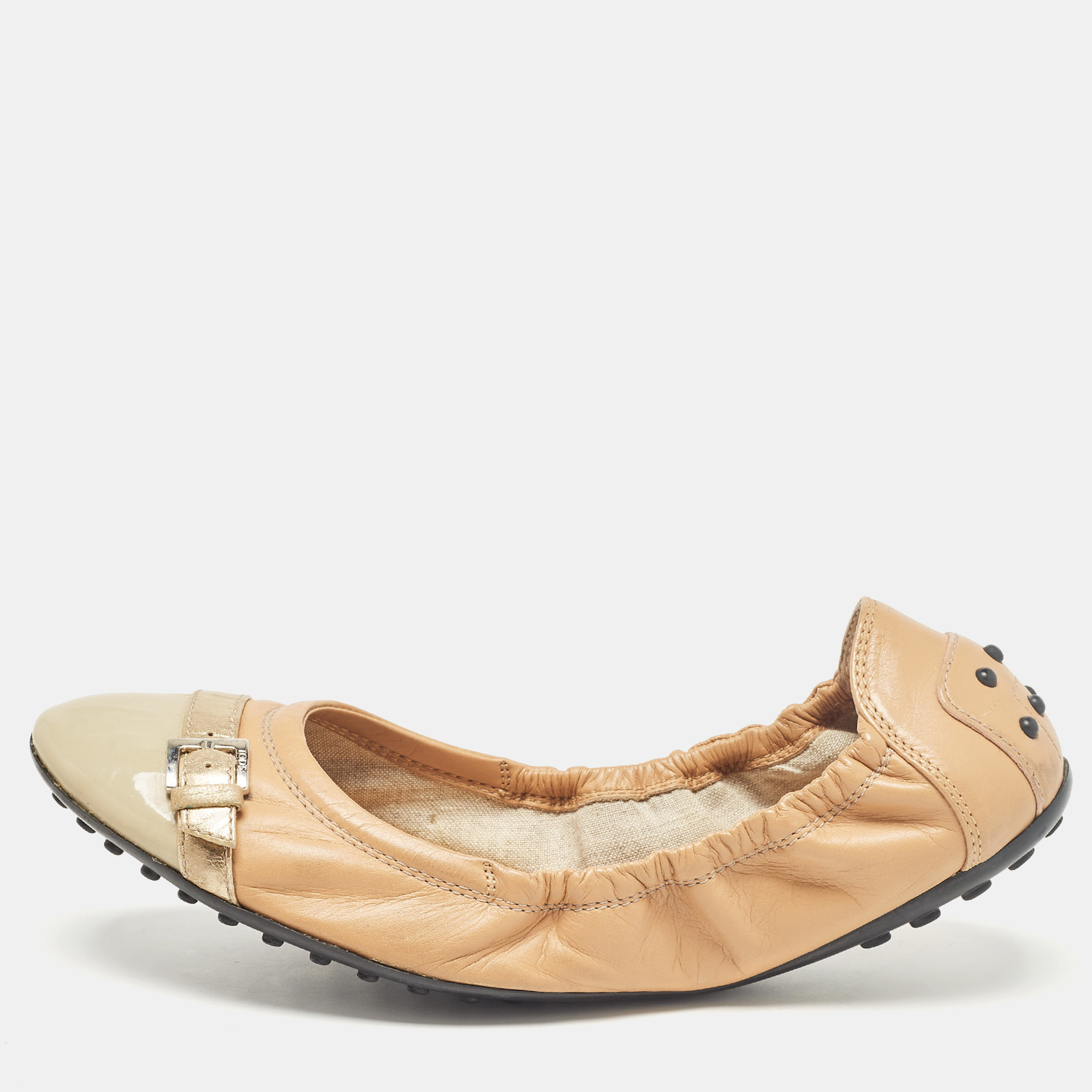 

Tod's Tricolor Leather Buckle Detail Scrunch Ballet Flats Size, Beige