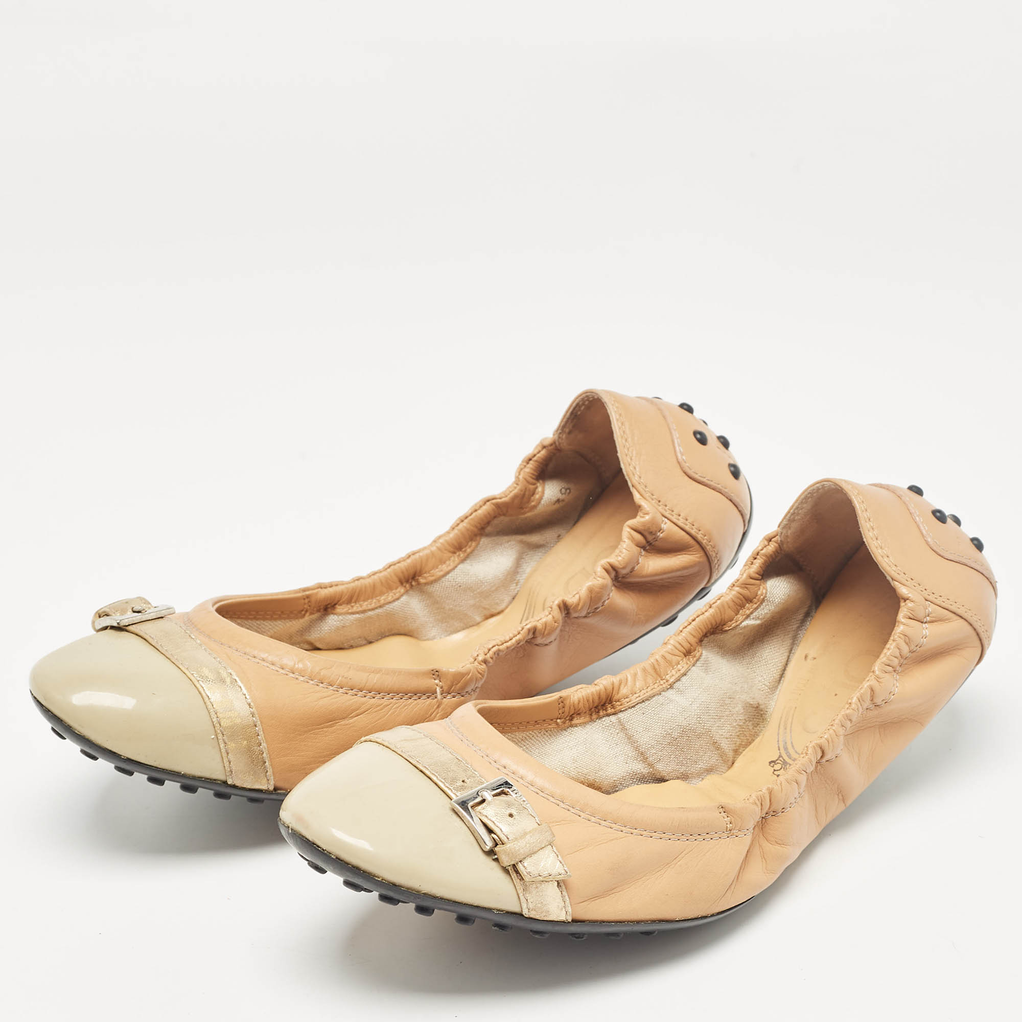 Tod`s Tricolor Leather Buckle Detail Scrunch Ballet Flats Size 38 