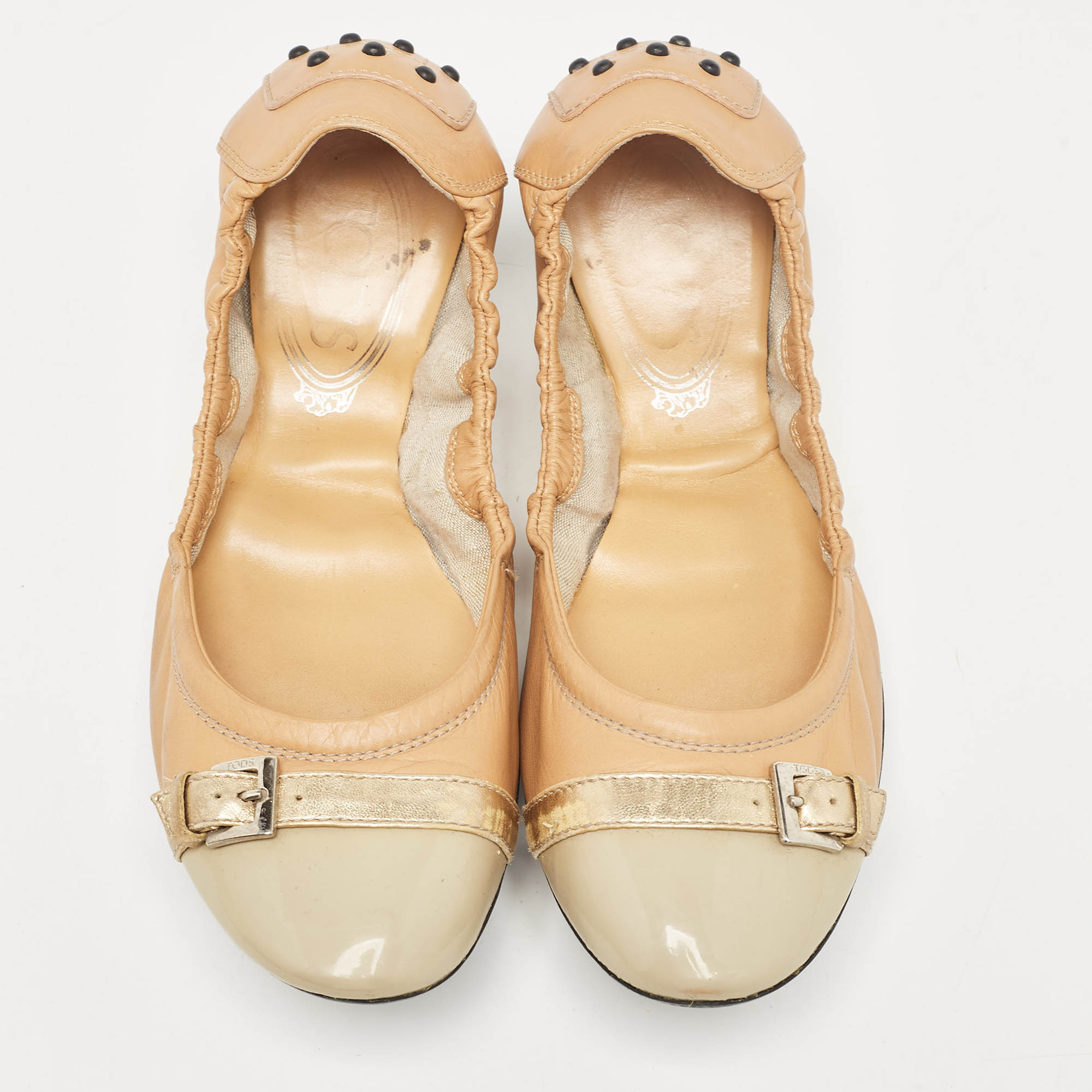 Tod`s Tricolor Leather Buckle Detail Scrunch Ballet Flats Size 38 