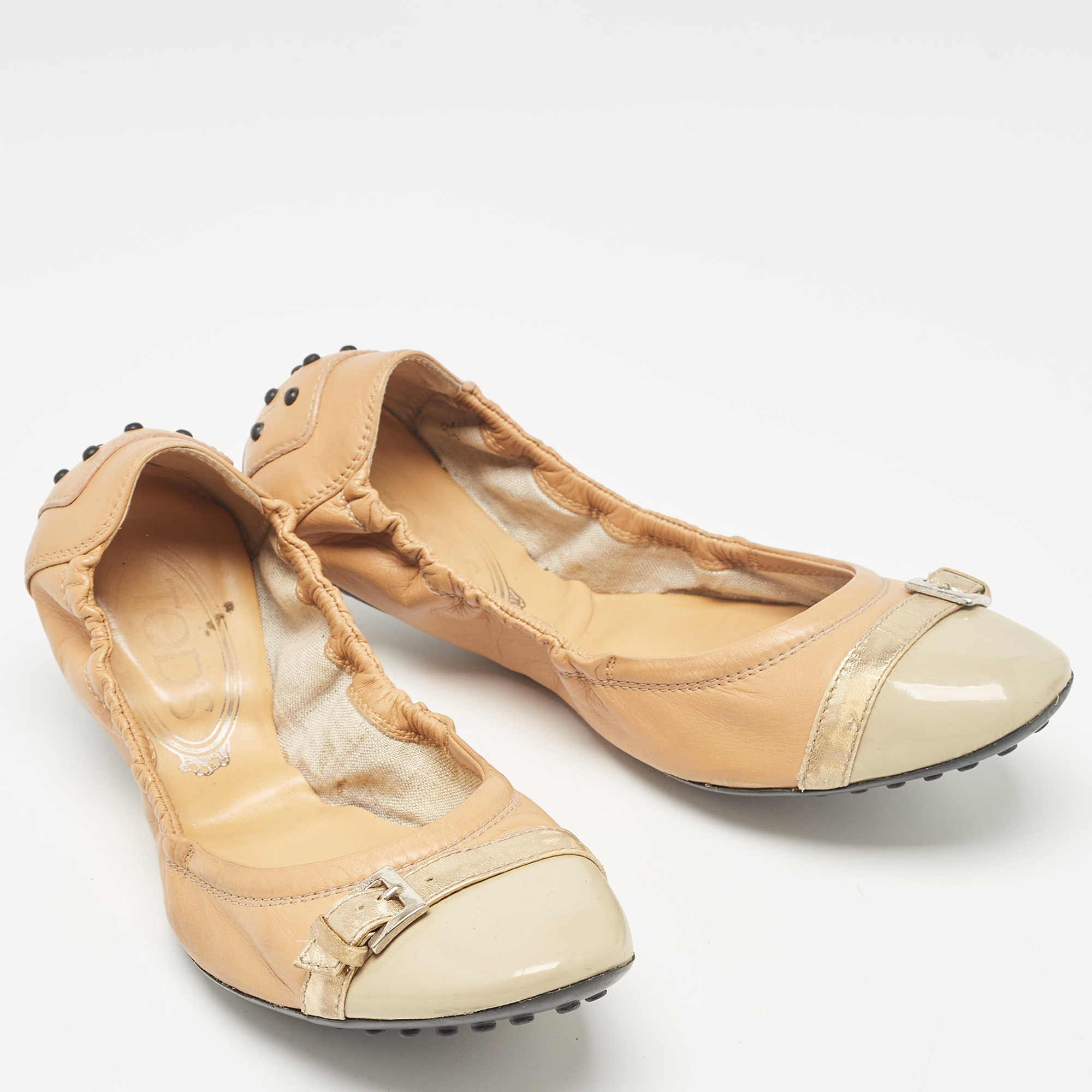 Tod`s Tricolor Leather Buckle Detail Scrunch Ballet Flats Size 38 