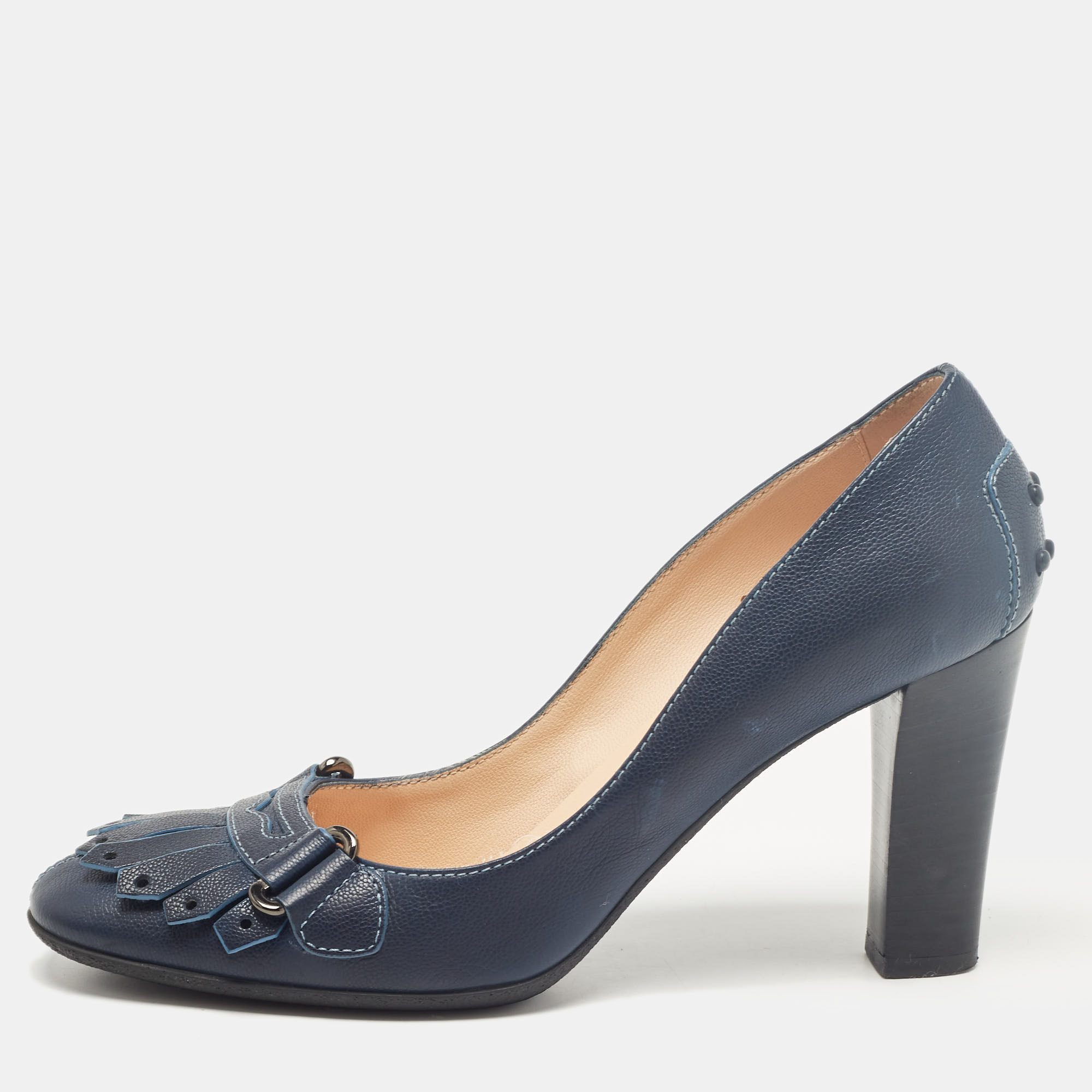 

Tod's Navy Blue Leather Fringe Detail Pumps Size