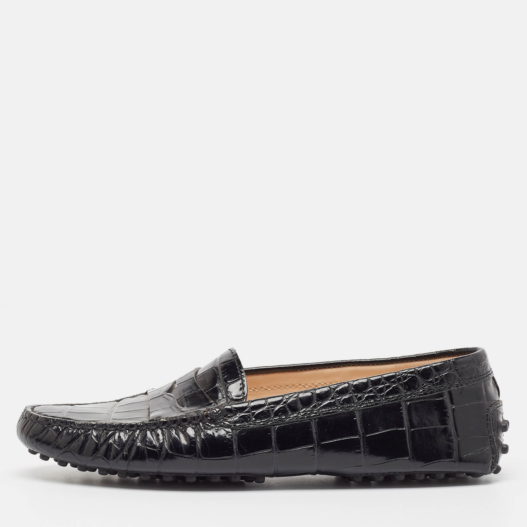 

Tod's Black Croc Embossed Leather Gommino Loafers Size