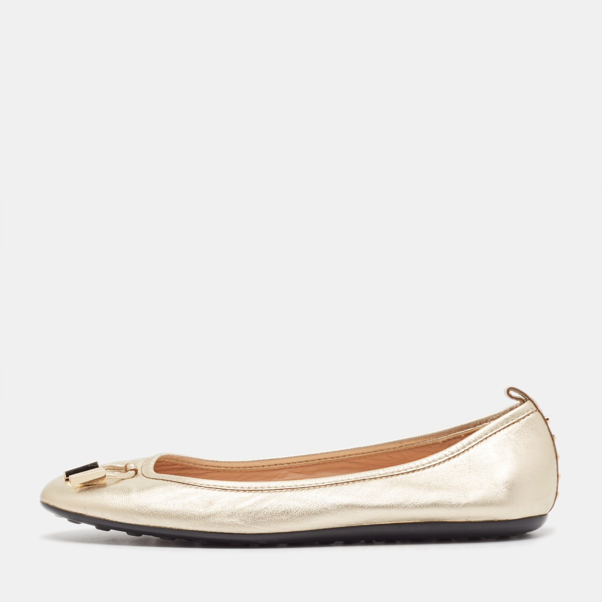 Pre-owned Tod's Metallic Gold Leather Ballet Flats Size 37