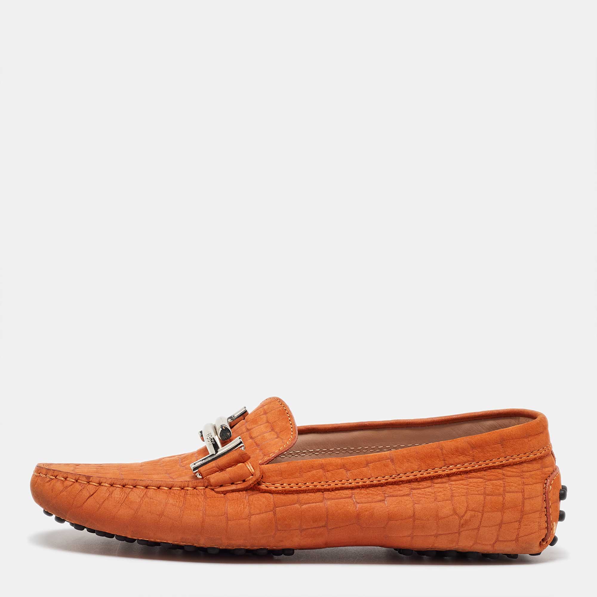 

Tod's Orange Croc Embossed Leather Double T Loafers Size