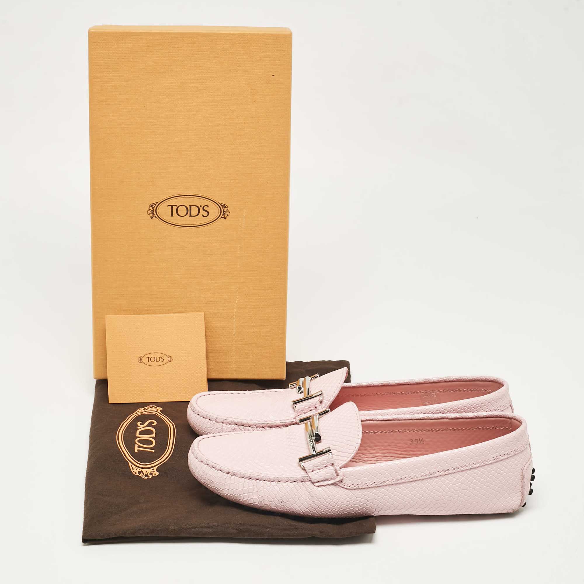 Tod`s Pink Lizard Embossed Leather Double T Loafers Size 39.5 