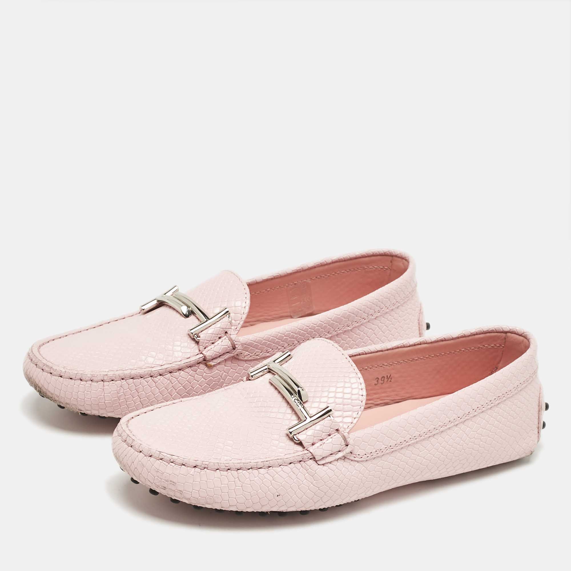 Tod`s Pink Lizard Embossed Leather Double T Loafers Size 39.5 