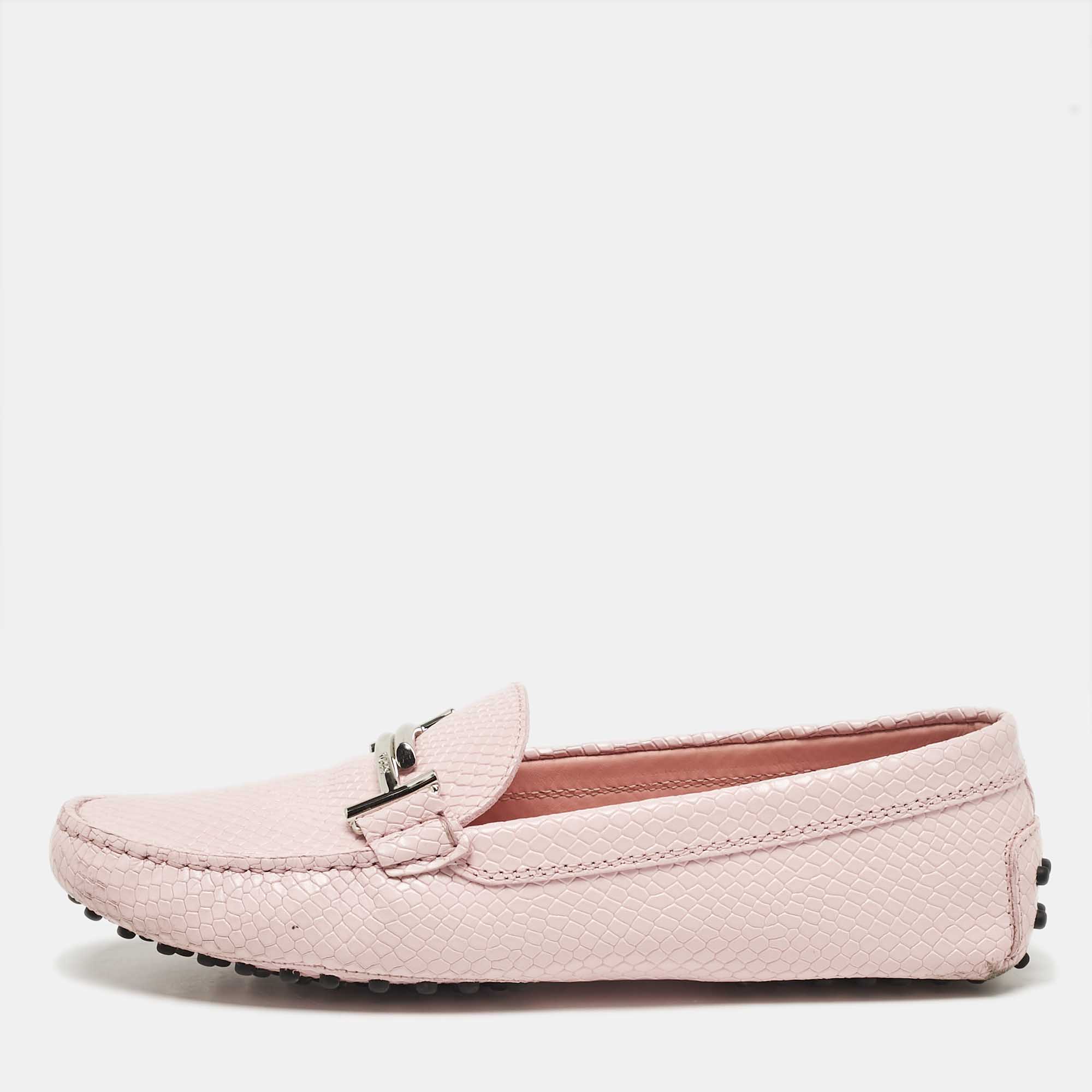 

Tod's Pink Lizard Embossed Leather Double T Loafers Size