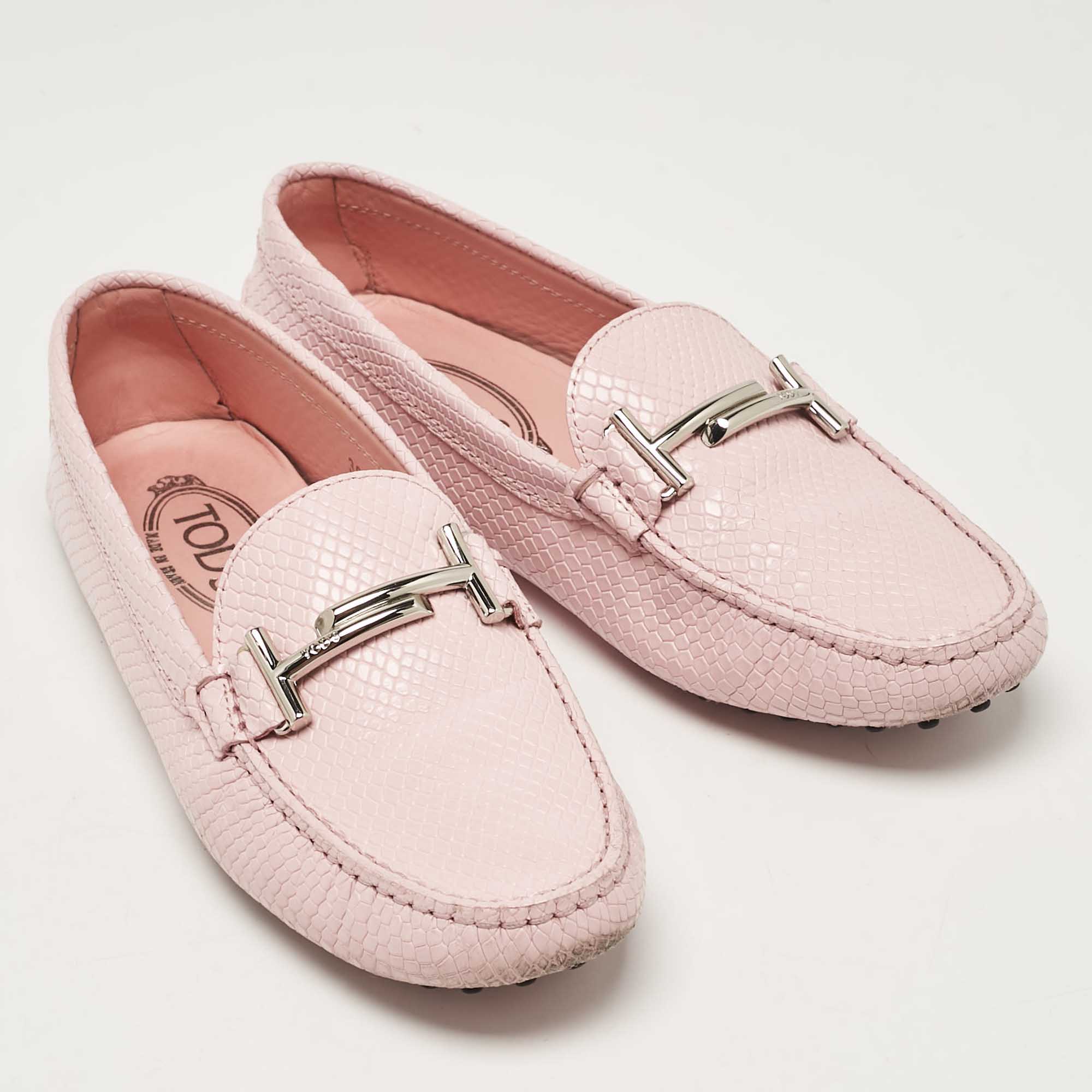 Tod`s Pink Lizard Embossed Leather Double T Loafers Size 39.5 