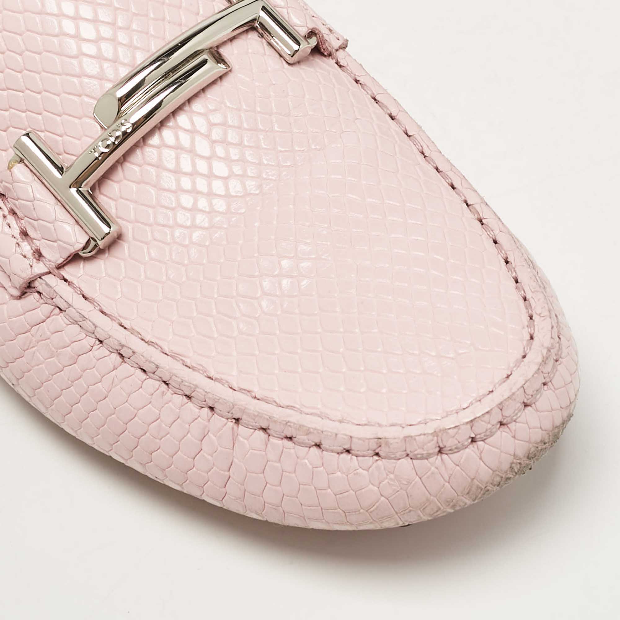 Tod`s Pink Lizard Embossed Leather Double T Loafers Size 39.5 