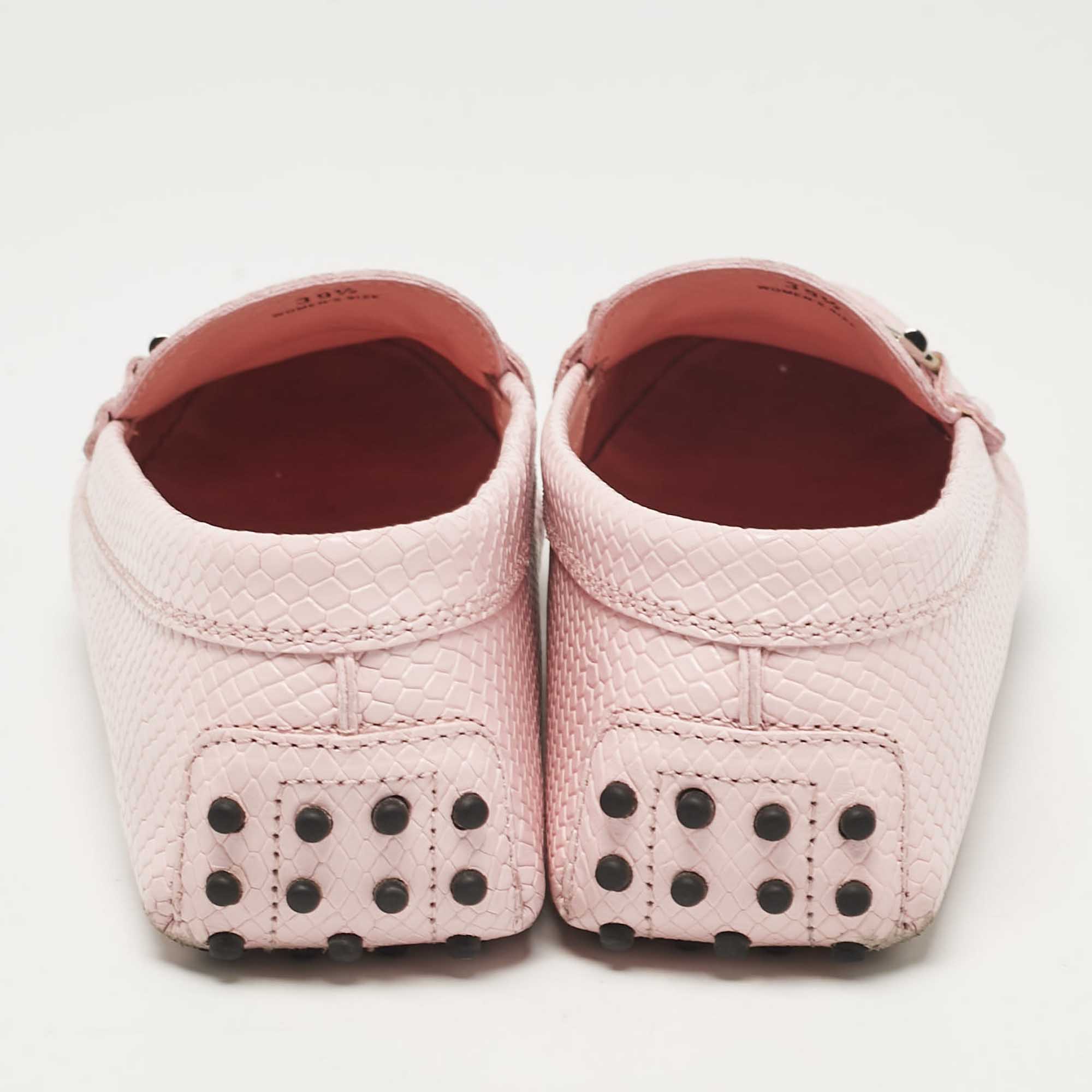 Tod`s Pink Lizard Embossed Leather Double T Loafers Size 39.5 
