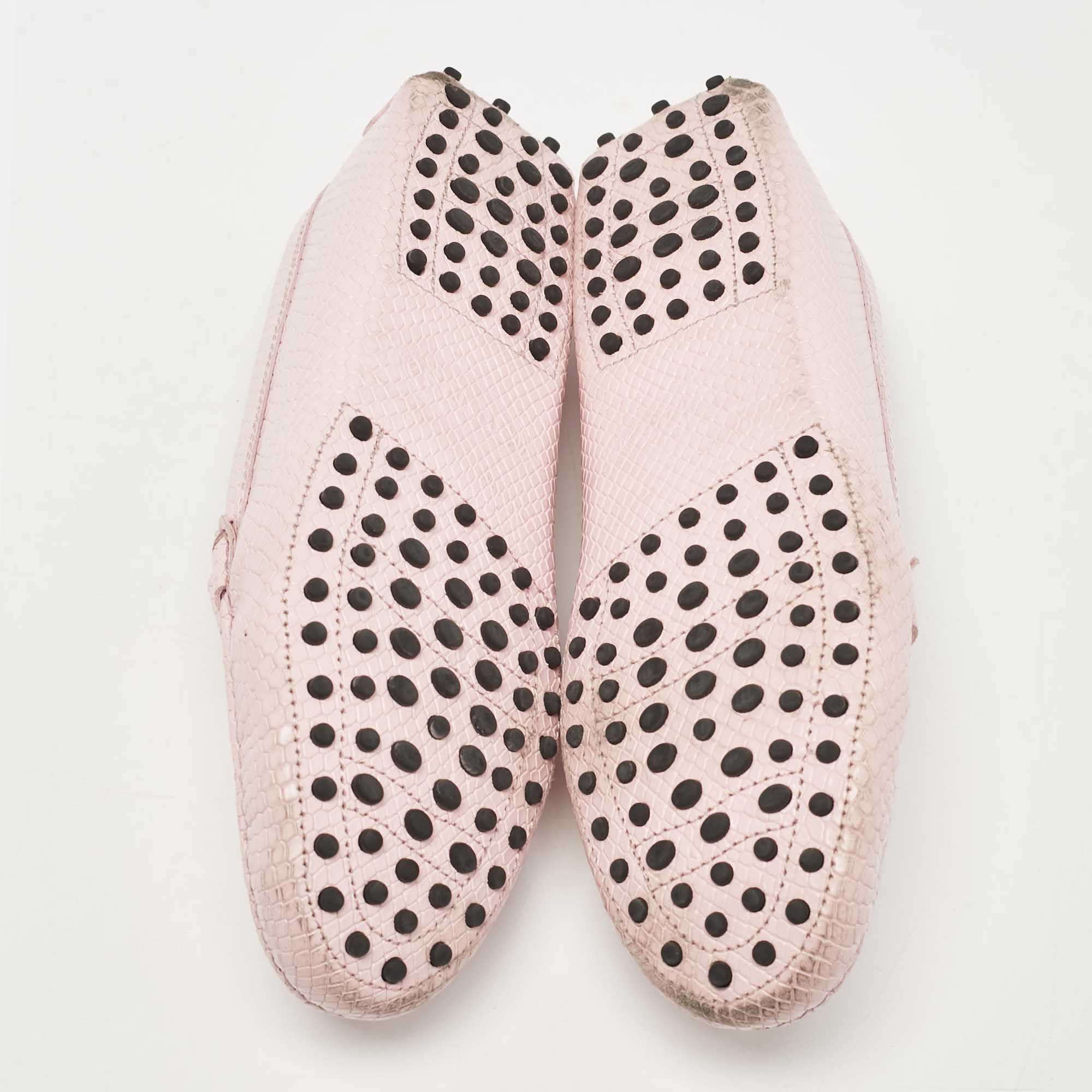 Tod`s Pink Lizard Embossed Leather Double T Loafers Size 39.5 
