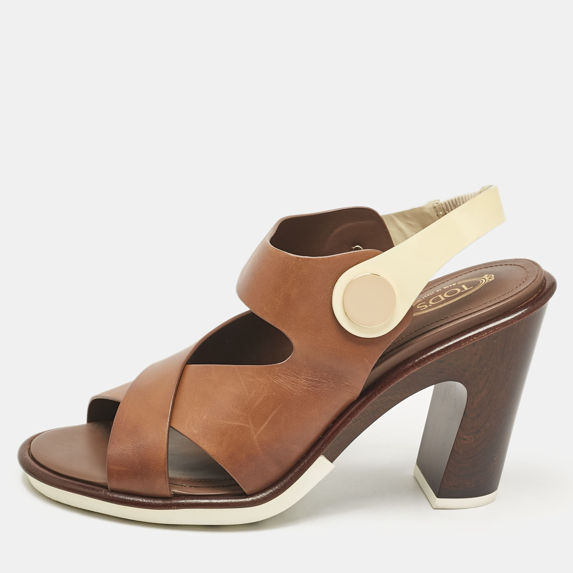 

Tod's Brown/White Leather Block Heel Slingback Sandals Size