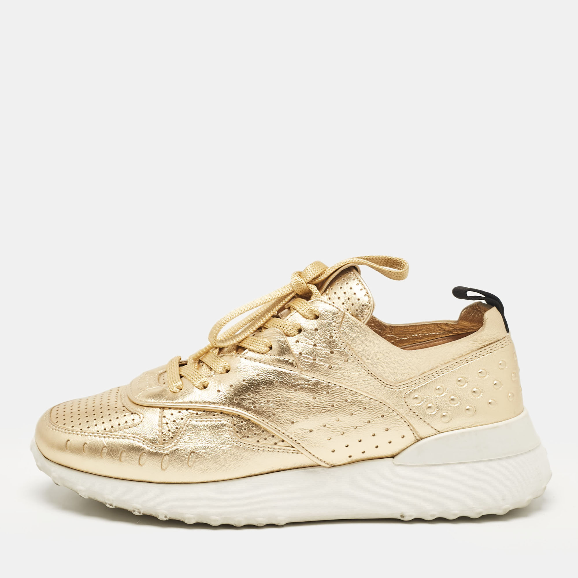 

Tod's Gold Perforated Leather Low Top Sneakers Size