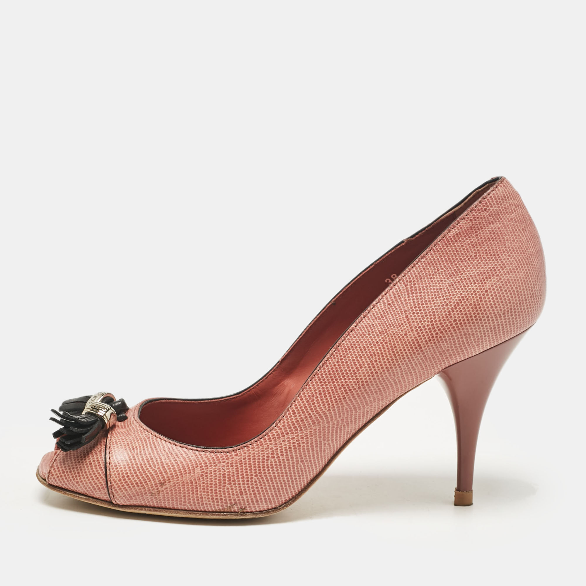 

Tod's Beige Lizard Embossed Leather Peep Toe Pumps Size