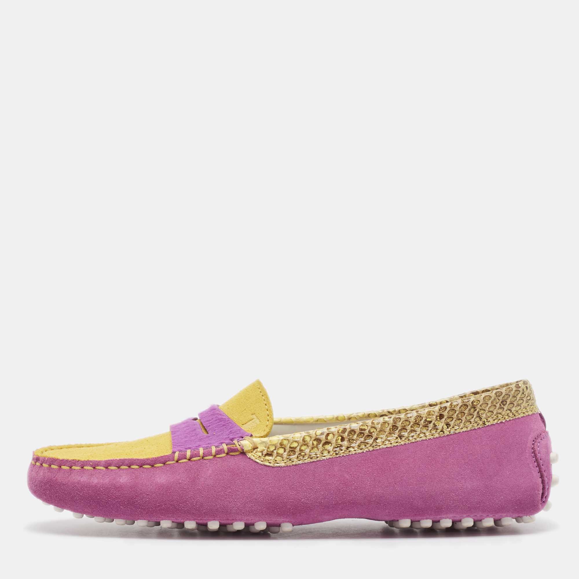 

Tod's Purple/Yellow Suede and Python Slip On Loafers Size