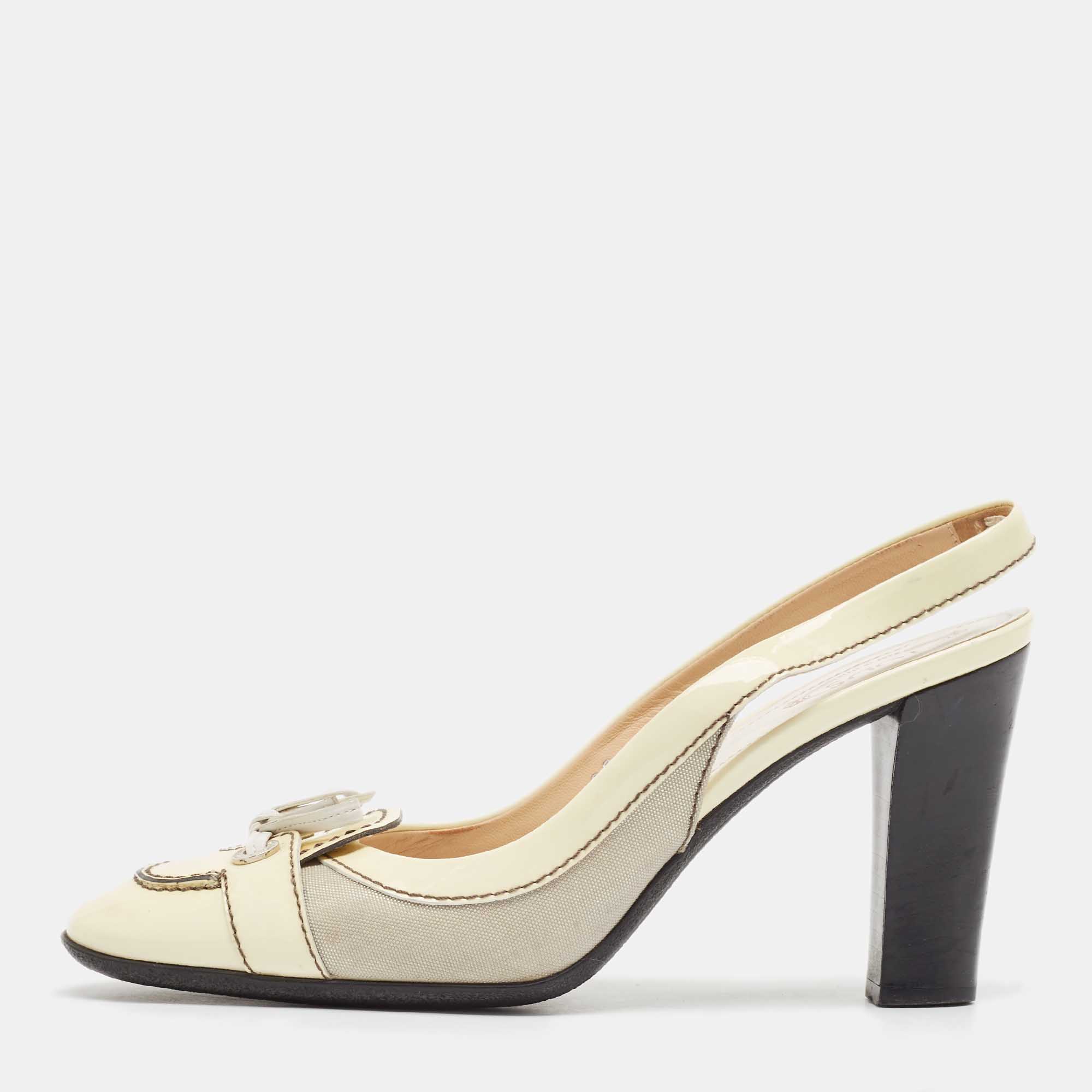 

Tod's Cream Patent Leather and Fabric Bow Slingback Pumps Size