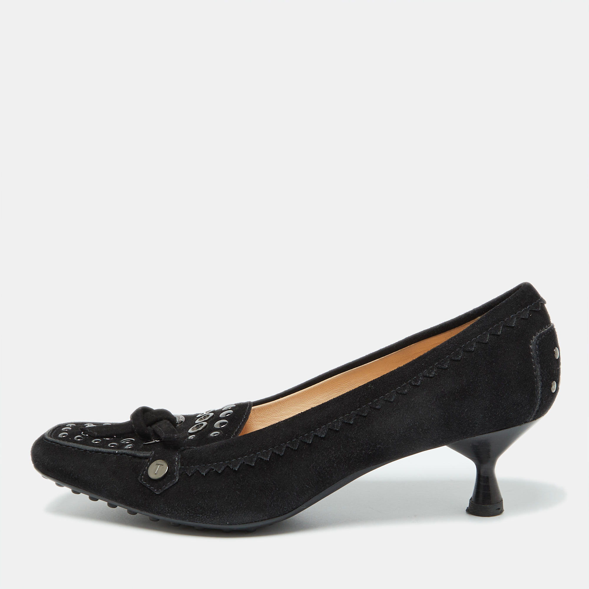 

Tod's Black Suede Studded Kitten Heel Loafer Pumps Size