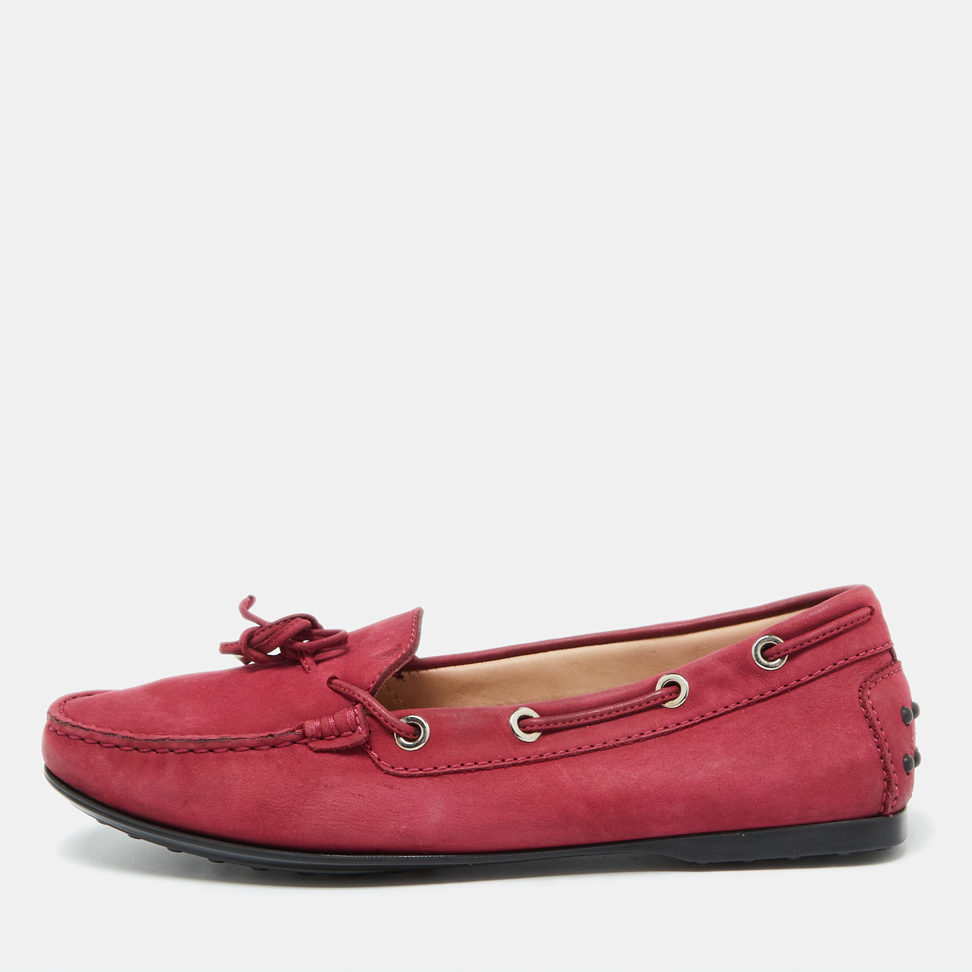 

Tod's Berry Pink Nubuck Leather Bow Gommino Driving Loafers Size