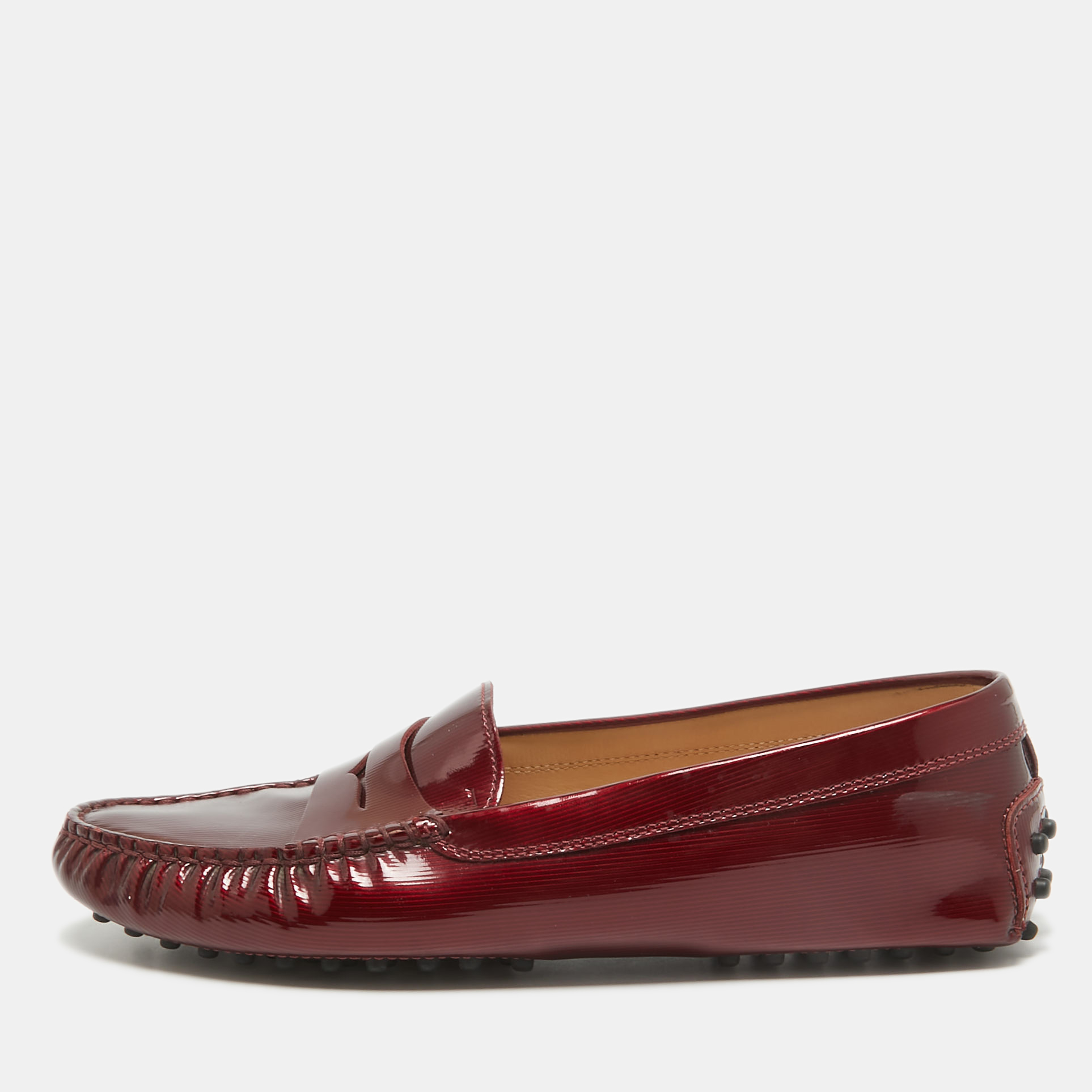 Pre-owned Tod's Burgundy Patent Leather Penny Loafers Size 37.5