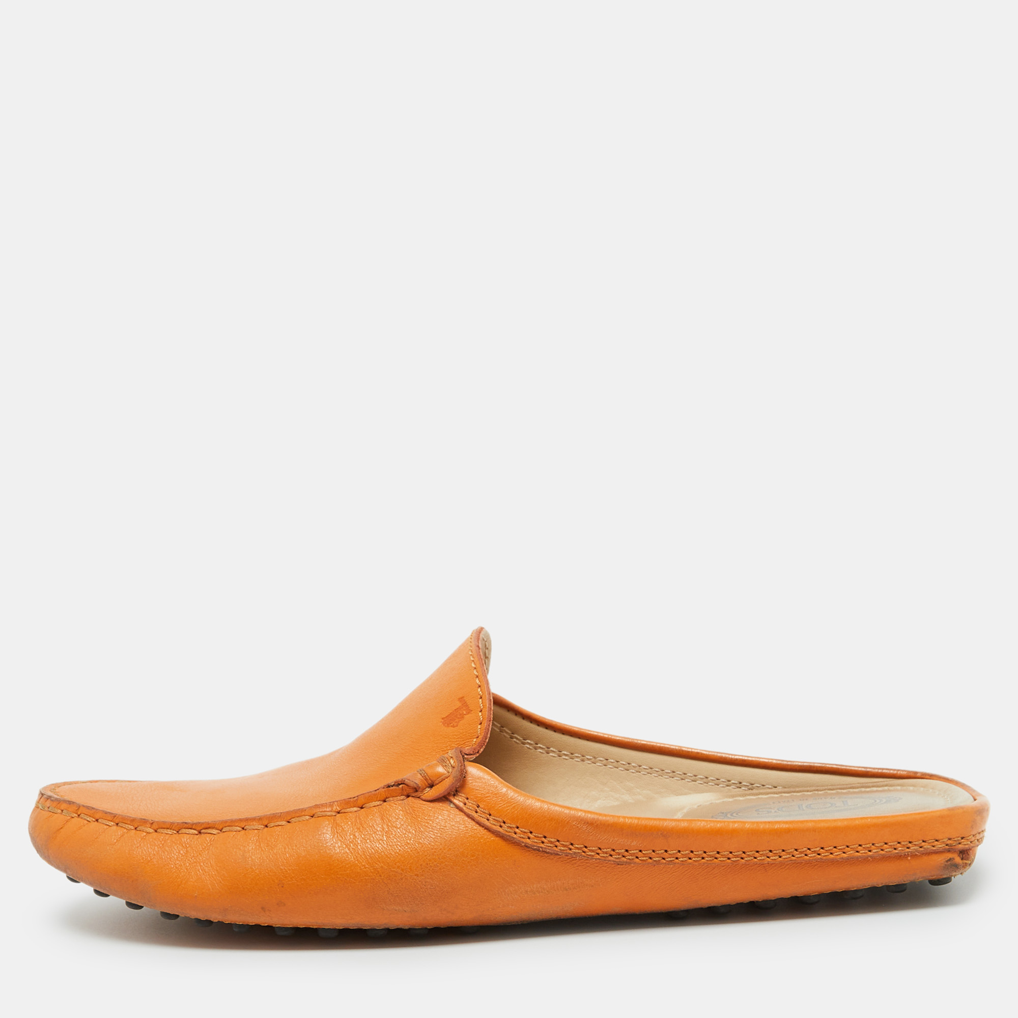 Pre-owned Tod's Orange Leather Flat Loafer Mules Size 37.5