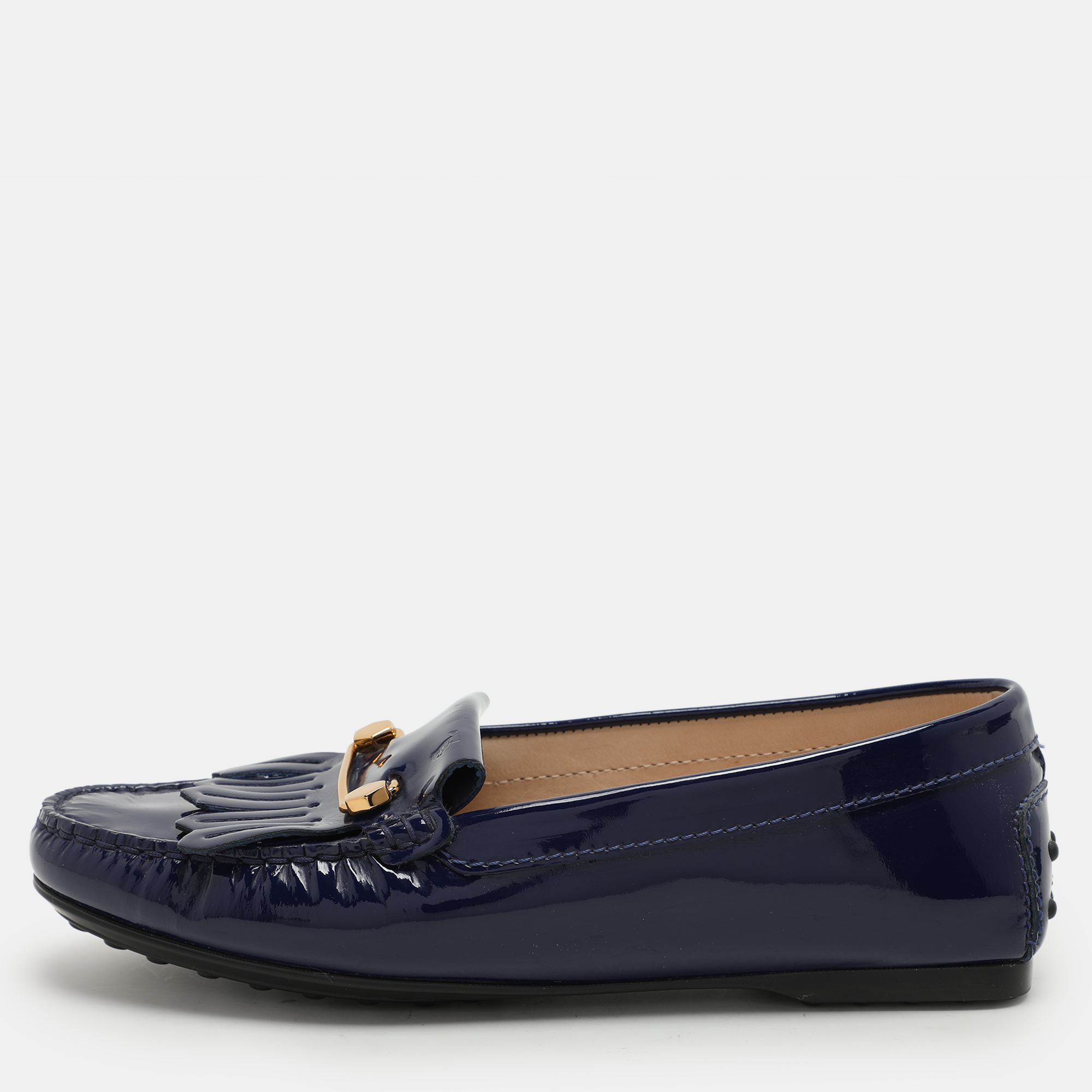 

Tod's Blue Patent Leather Fringe Detail Loafers Size