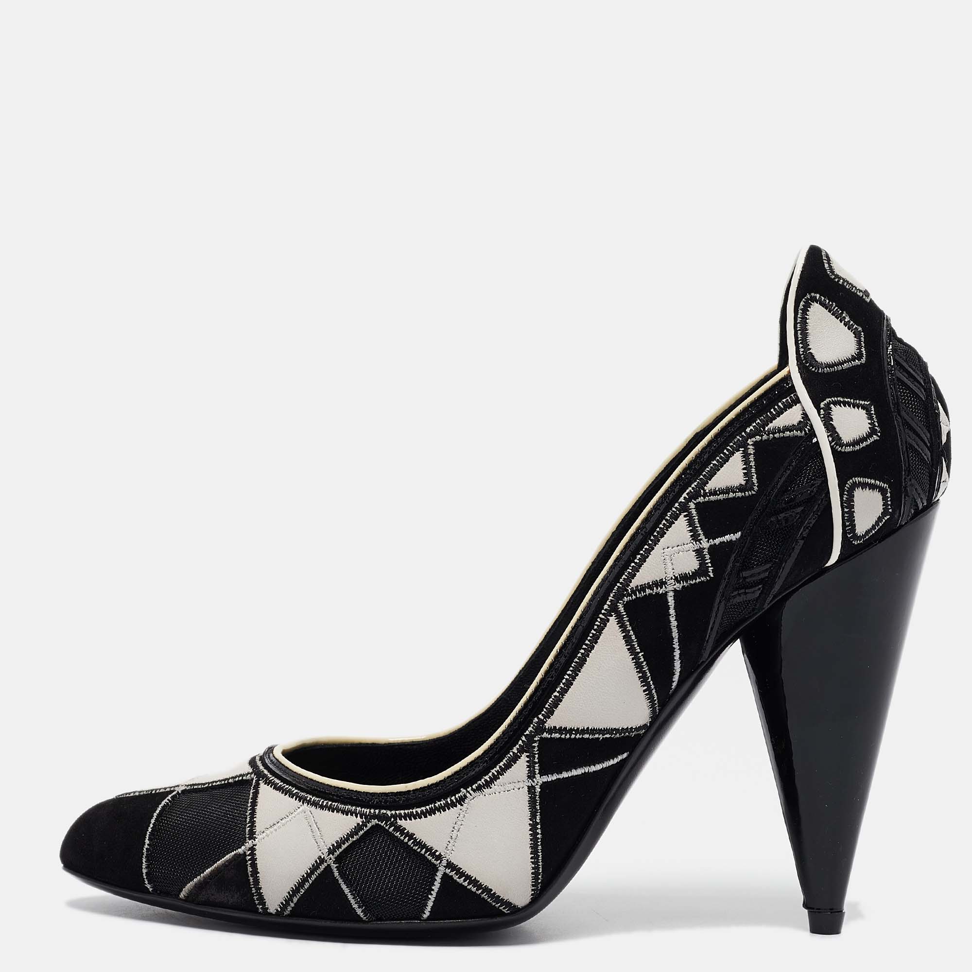 

Tod's Black/White Leather and Mesh Pointed Toe Pumps Size