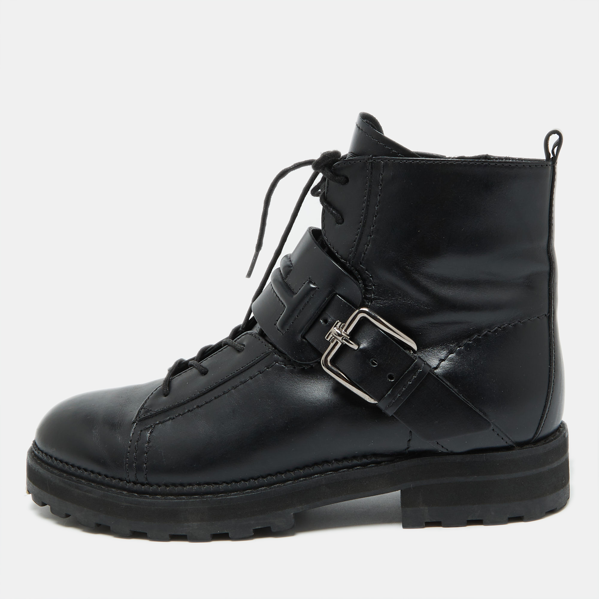 

Tod's Black Leather Buckle Accented Combat Ankle Length Boots Size