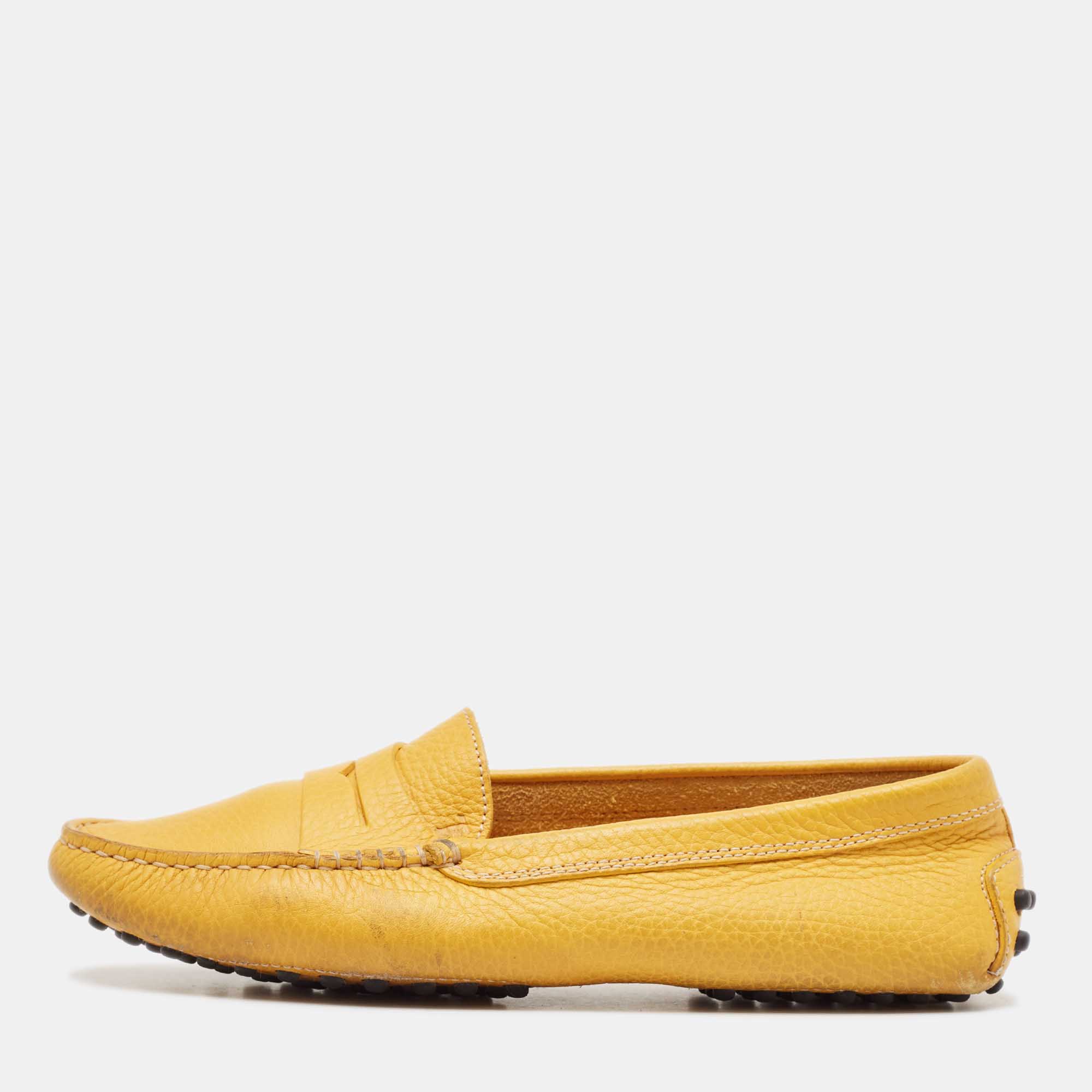 

Tod's Yellow Perforated Leather Slip On Loafers Size 36