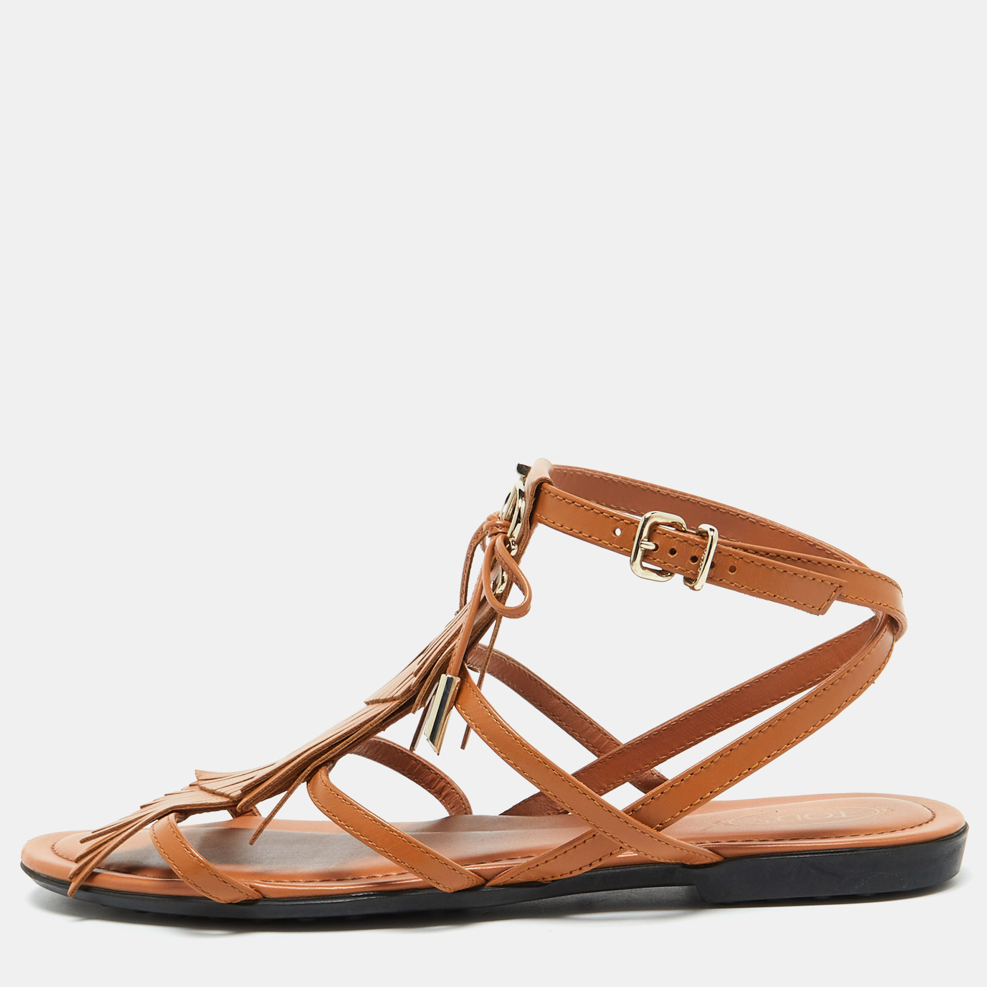 

Tod's Tan Leather Fringe Logo Bow Flat Sandals Size