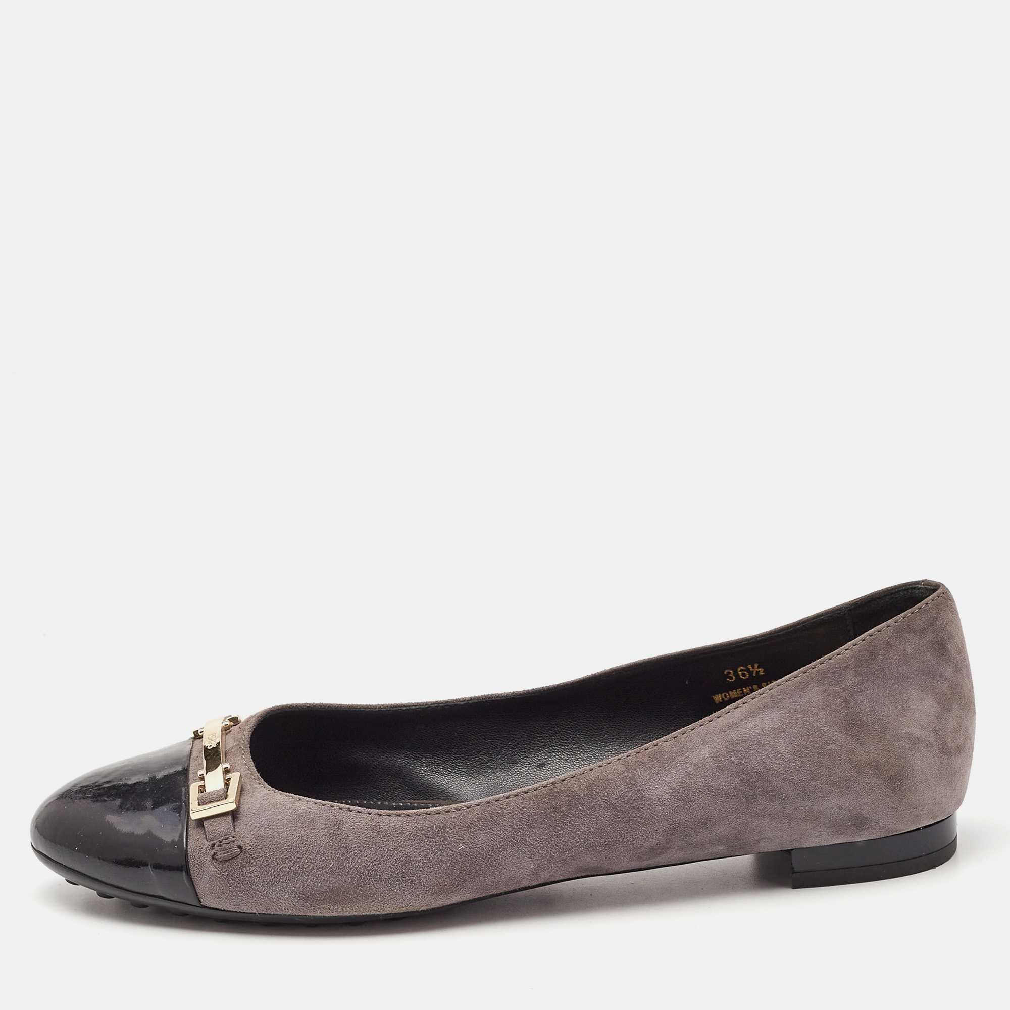 

Tod's Grey/Black Suede and Patent Leather Cap Toe Ballet Flats Size