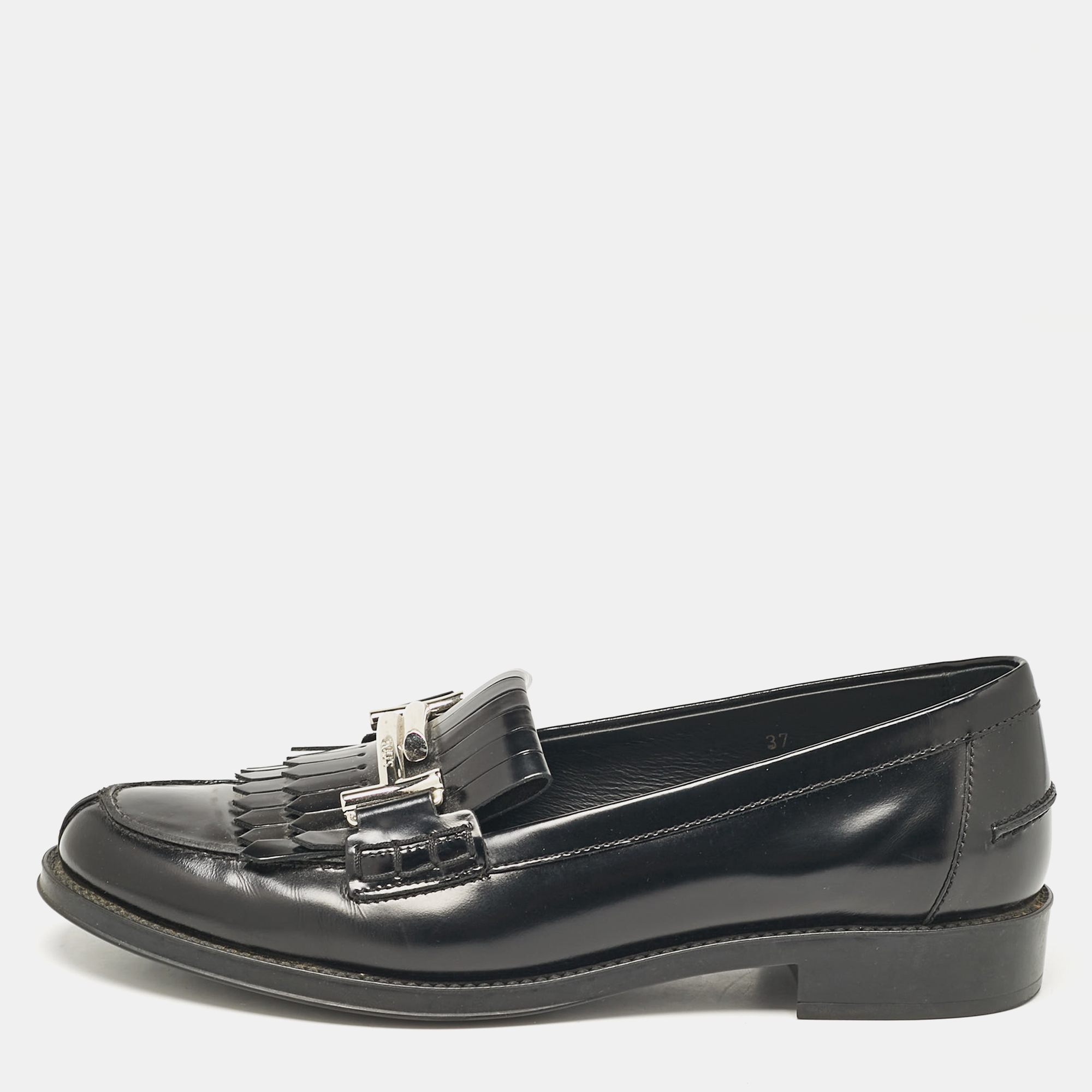 

Tod's Black Leather Double T Fringed Loafers Size