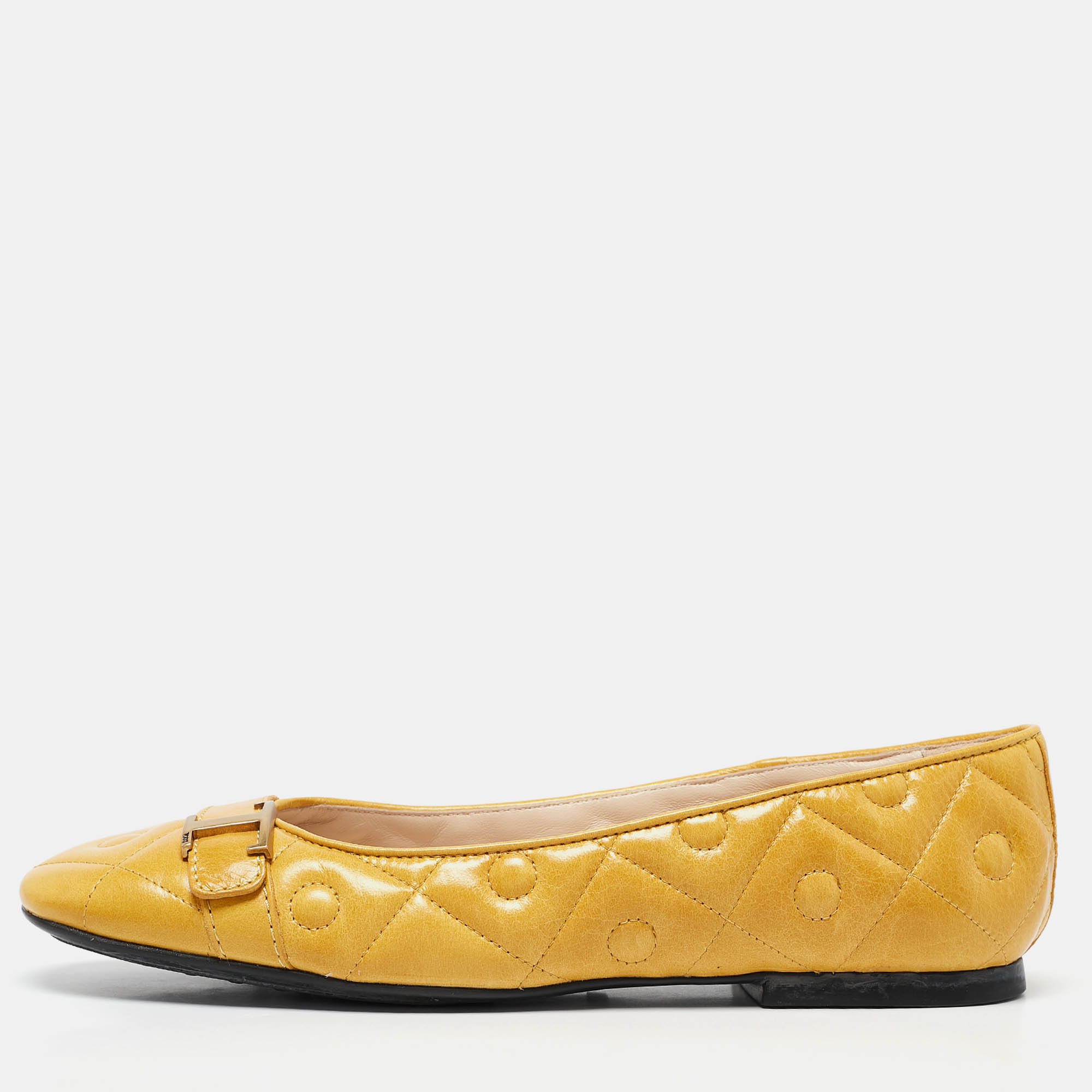 

Tod's Yellow Quilted Leather T Buckle Ballet Flats Size