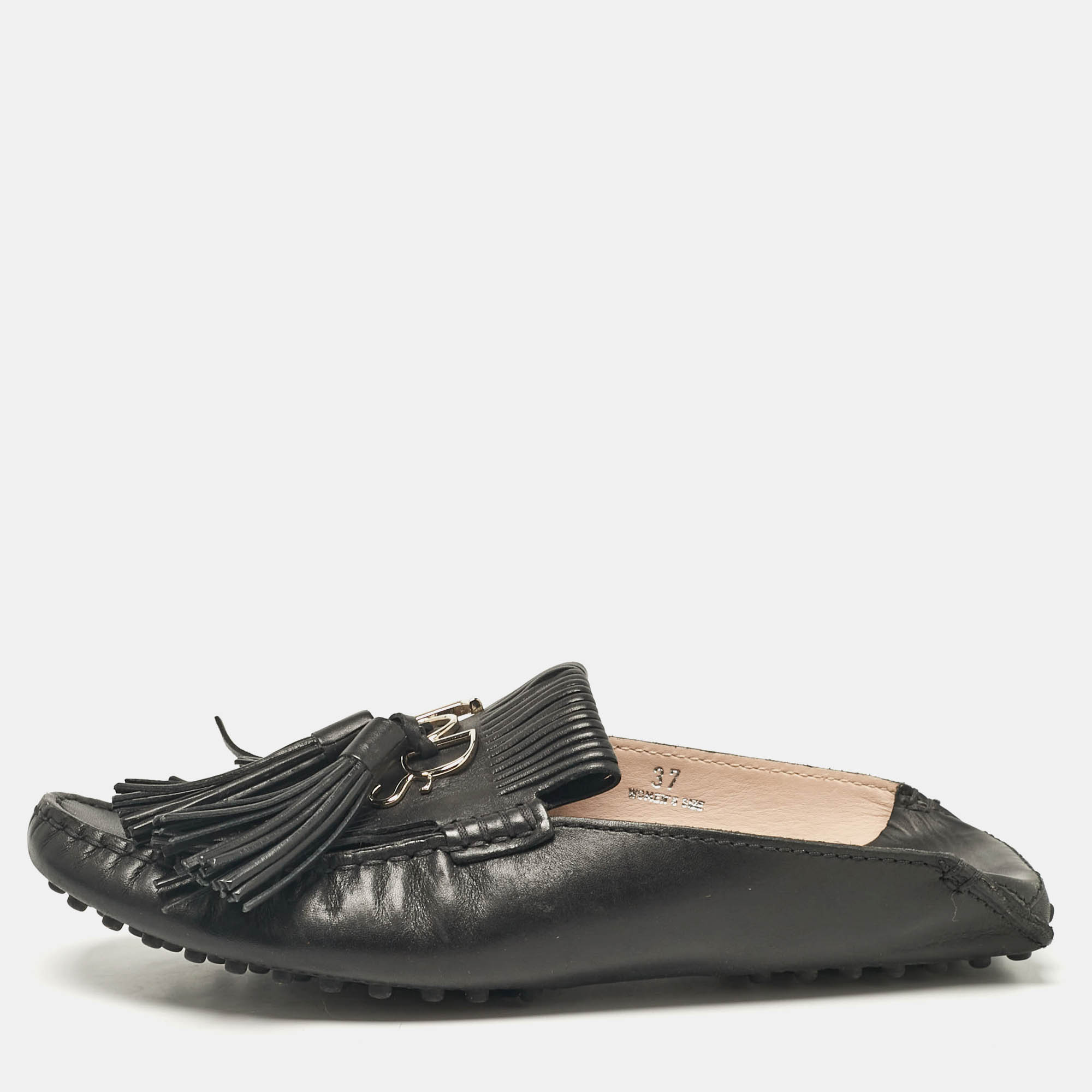 

Tod's Black Leather Gommino Tassel Trim Mules Size