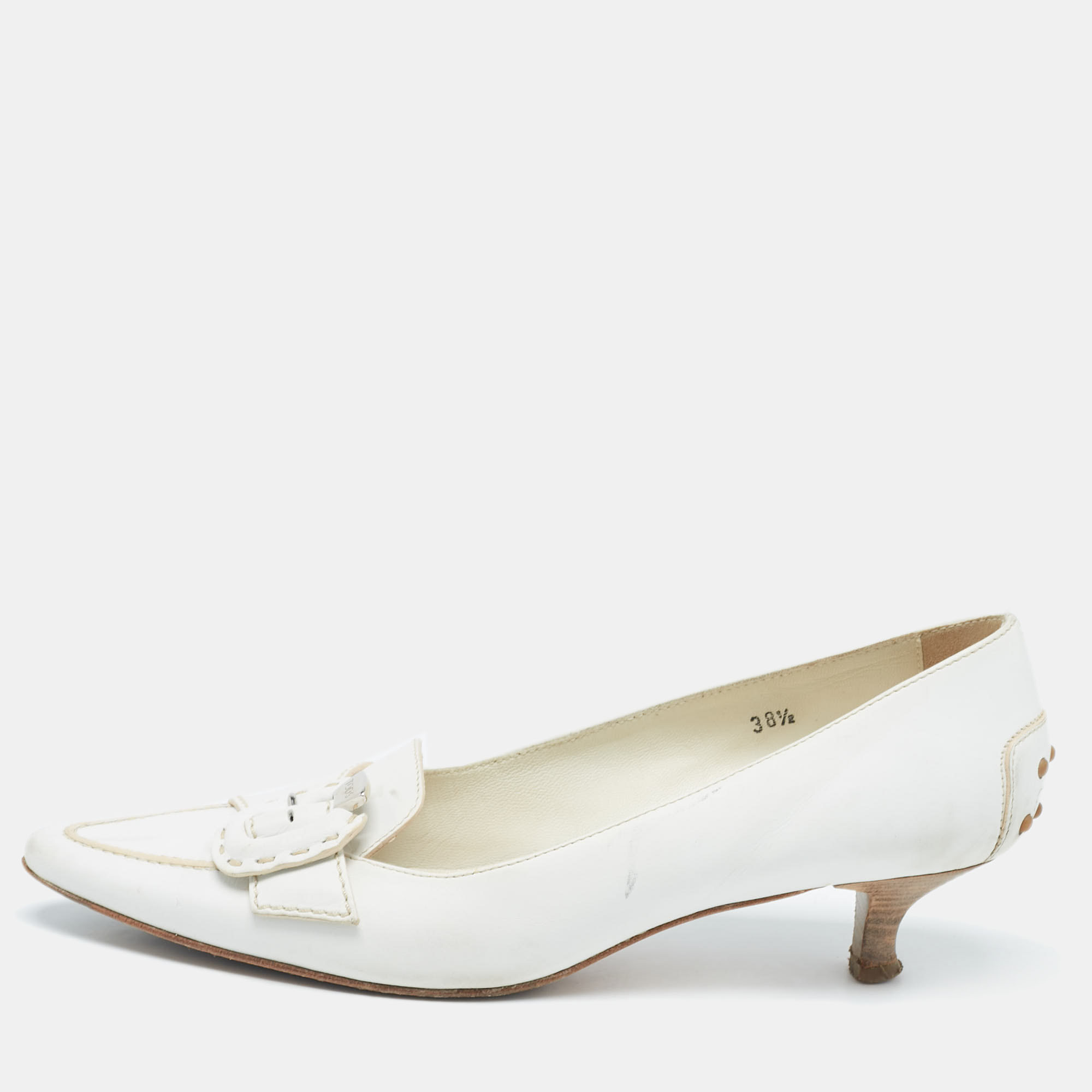 

Tod's White Leather Buckle Loafer Pumps Size