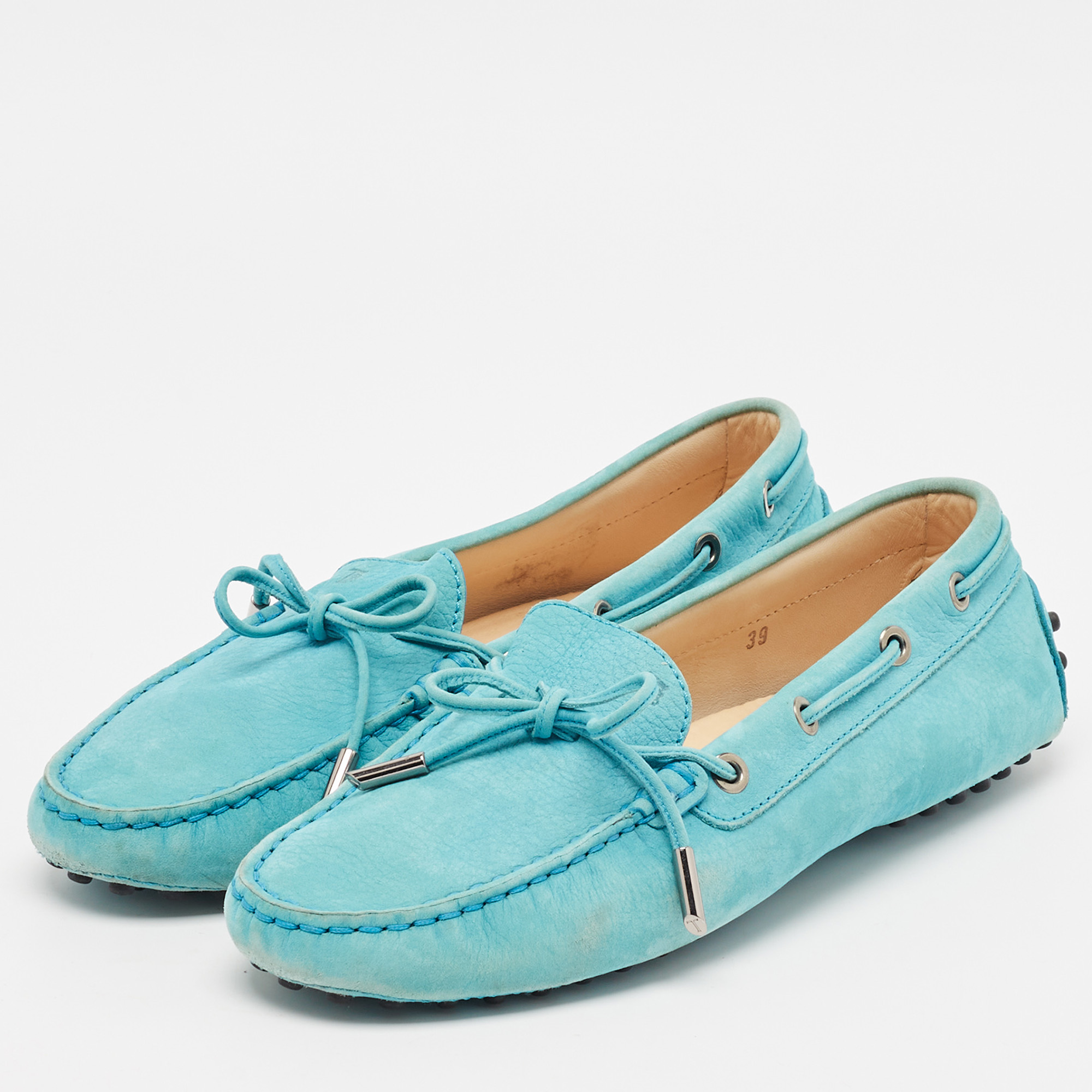 Tod`s Blue Nubuck Leather Bow Slip On Loafers Size 39 