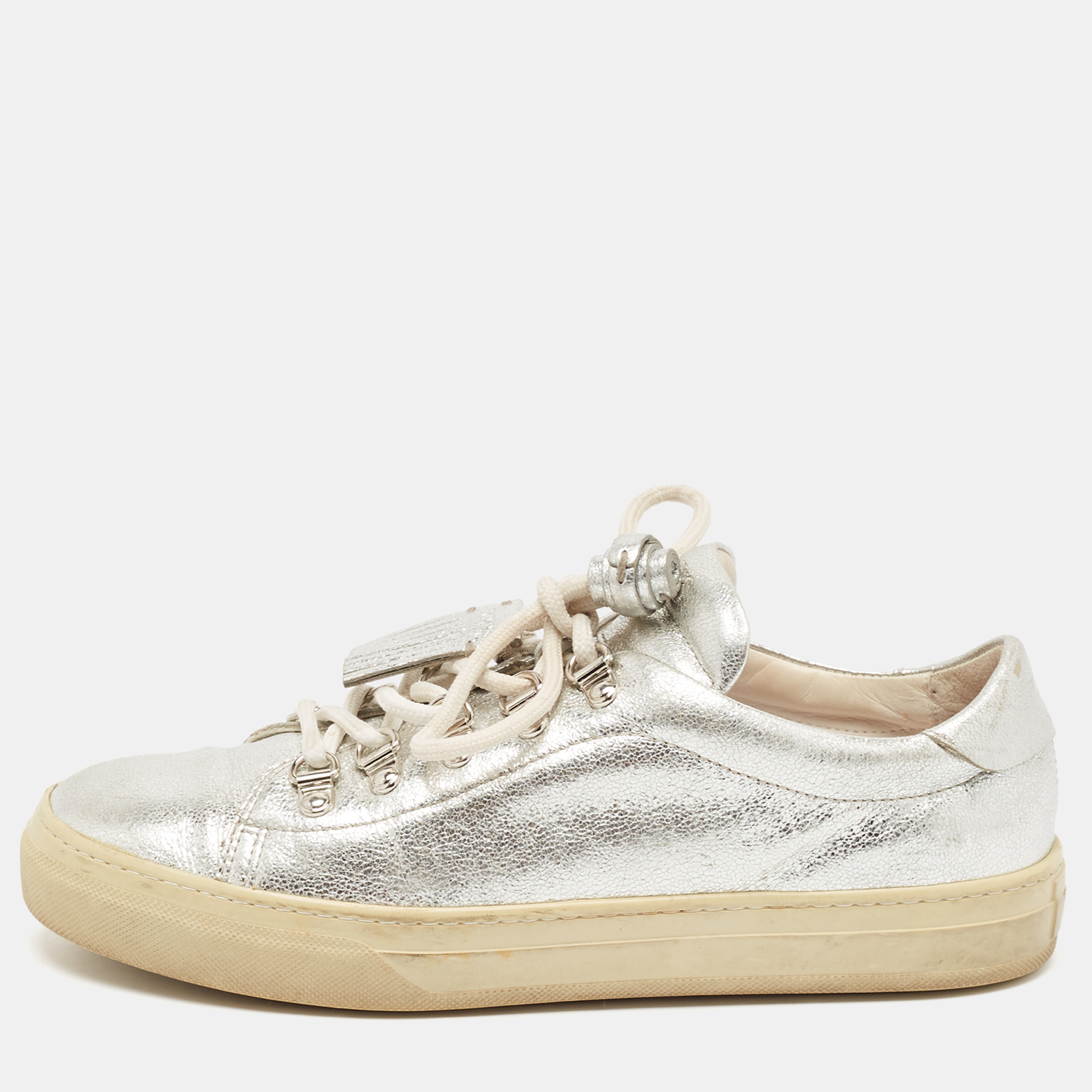 

Tod's Silver Leather Lace Up Sneakers Size