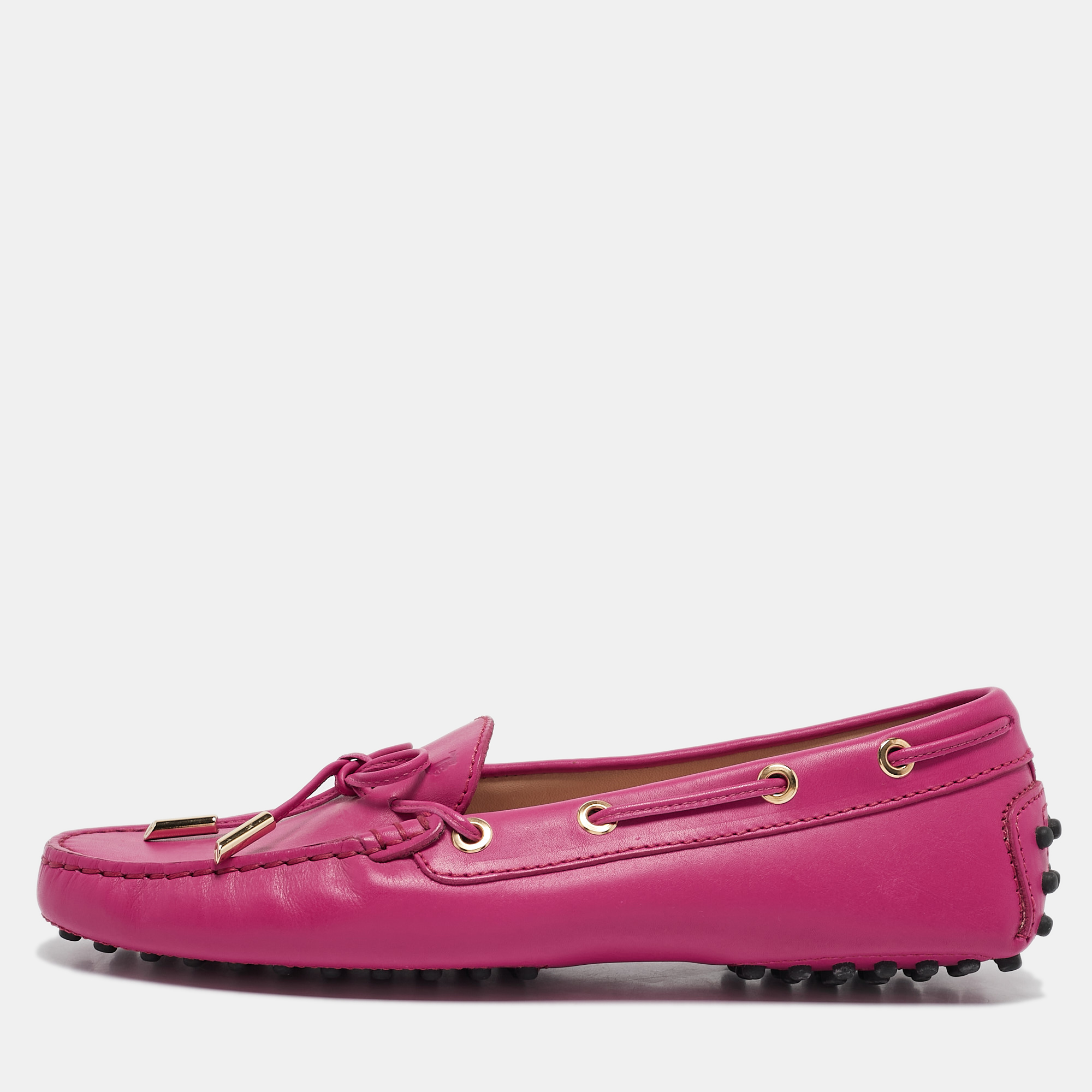 

Tod's Pink Leather Bow Gommino Slip On Loafers Size