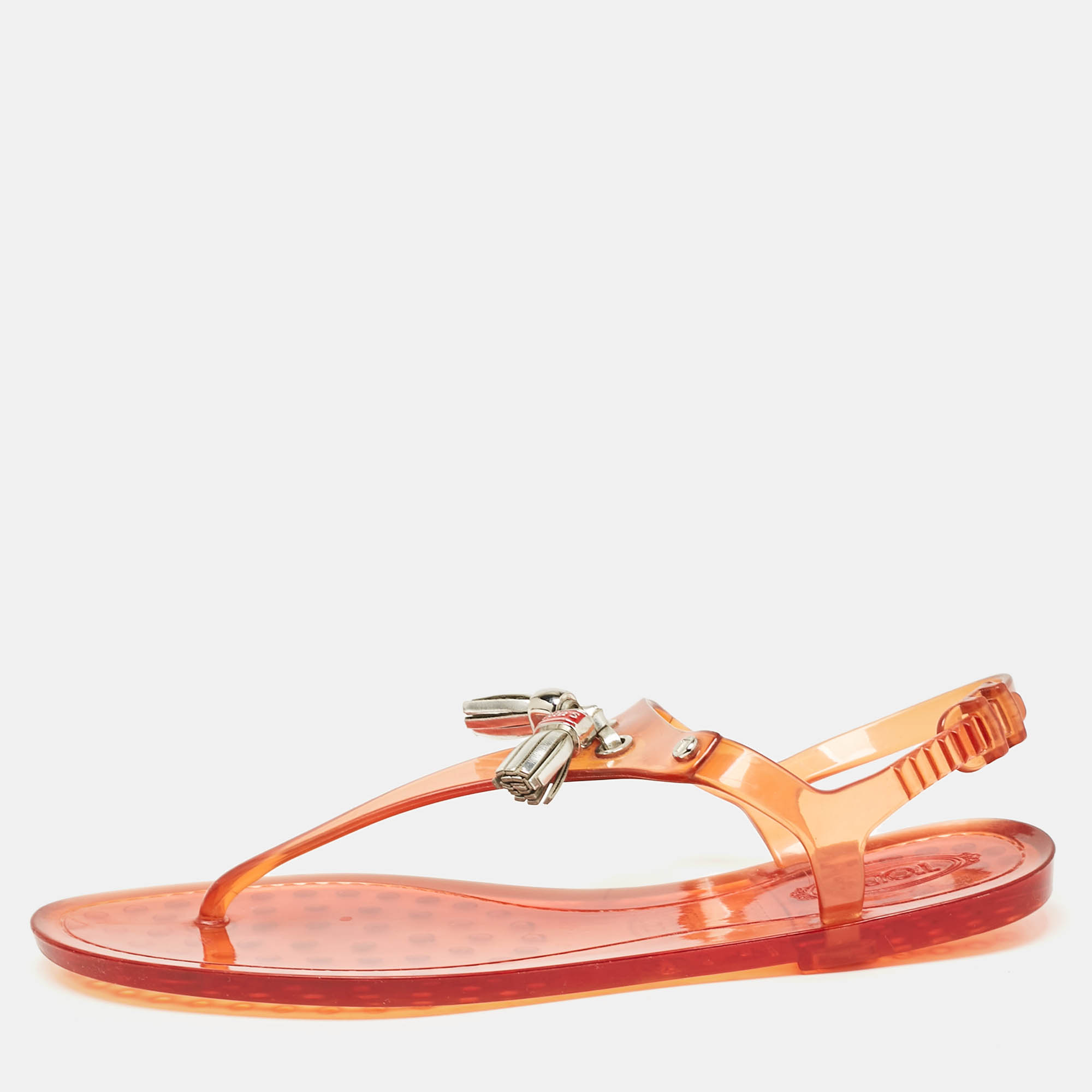 

Tod's Orange Jelly Tassel Thong Slingback Flat Sandals Size