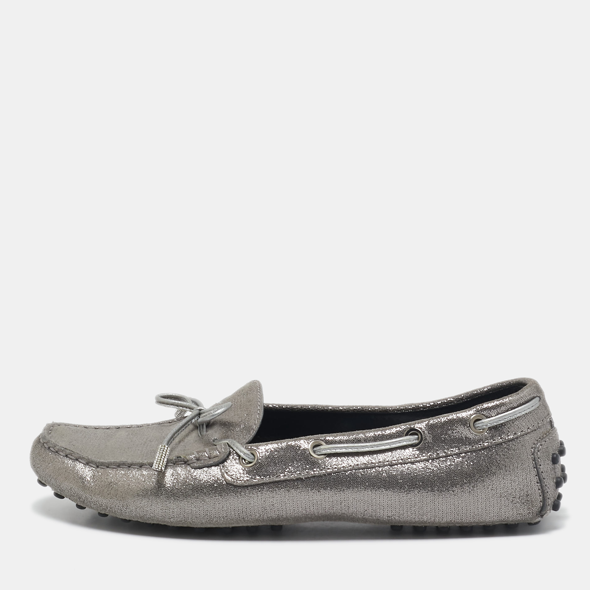 

Tod's Grey/Silver Textured Suede Bow Slip On Loafers Size