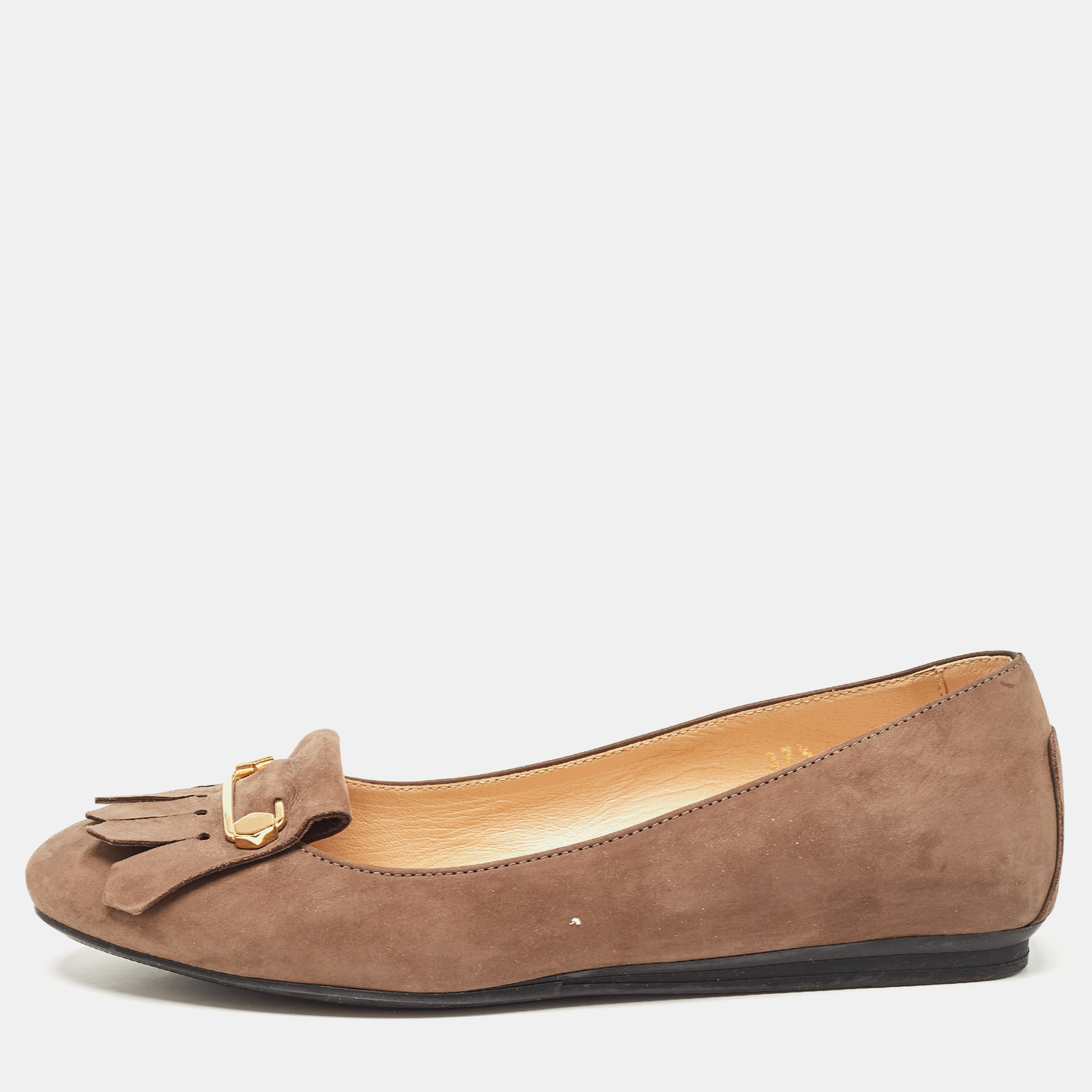 

Tod's Brown Nubuck Leather Fringe Detail Ballet Flats Size