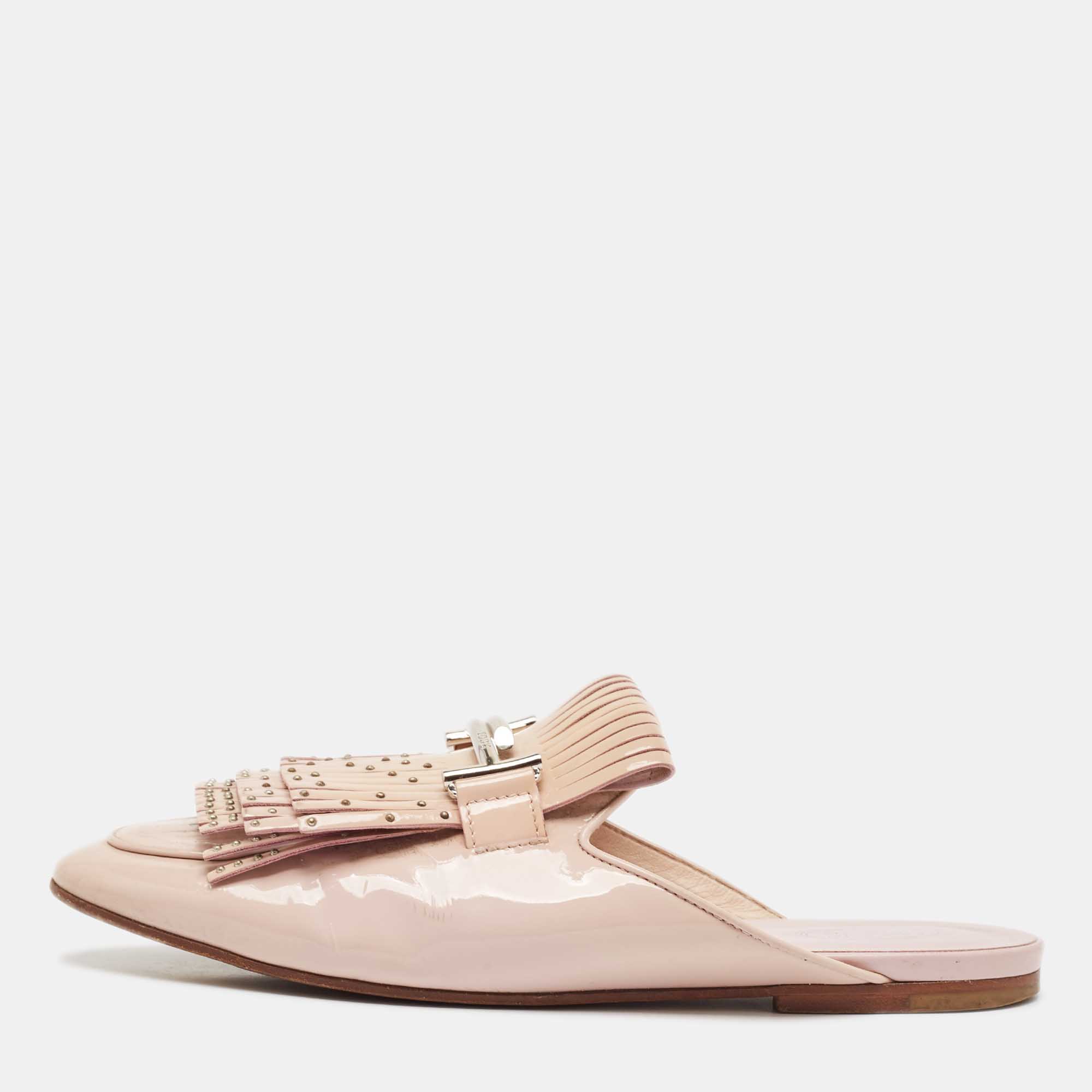 

Tod's Beige Patent Studded Double T Mules Size