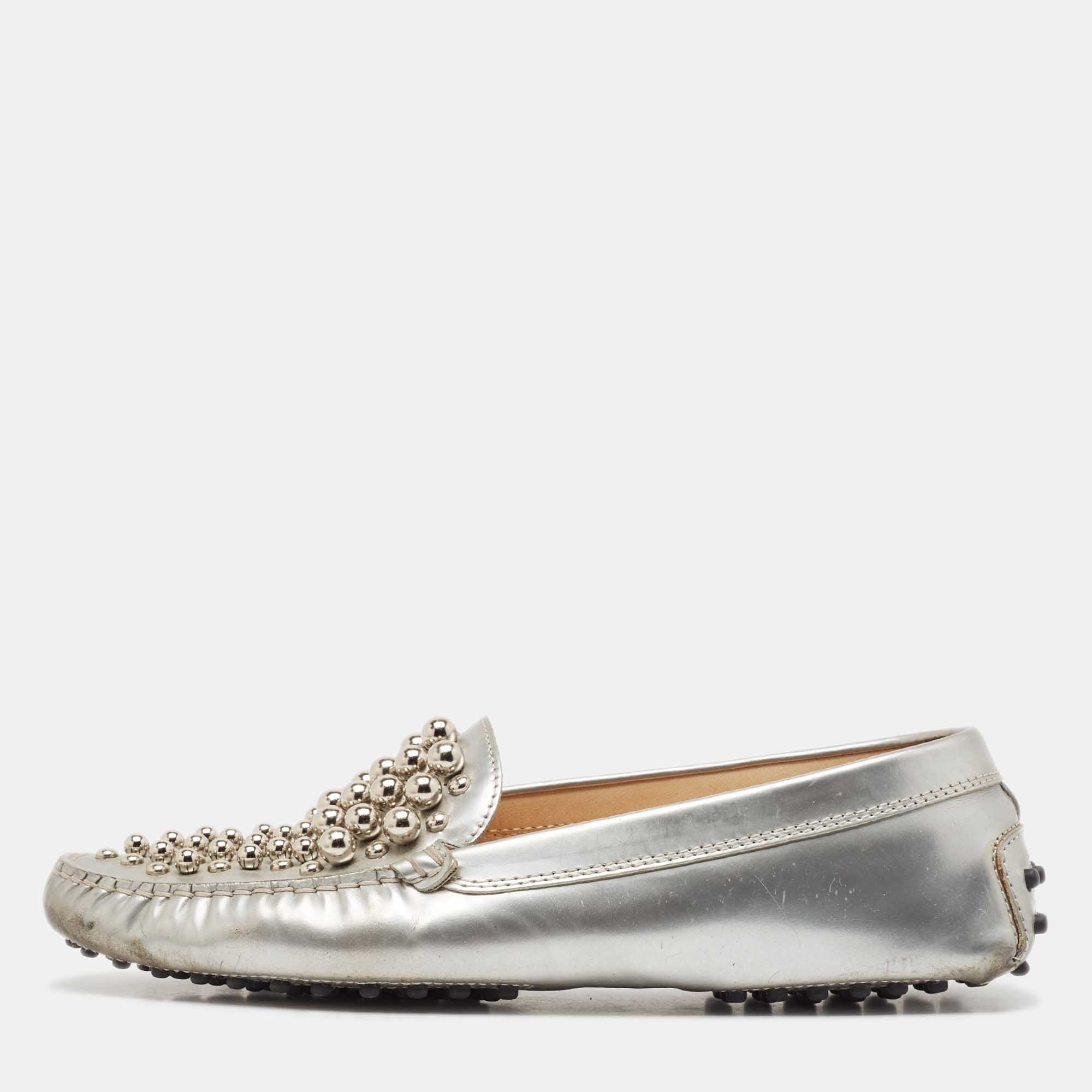 

Tod's Silver Leather Studded Gommini Loafers Size