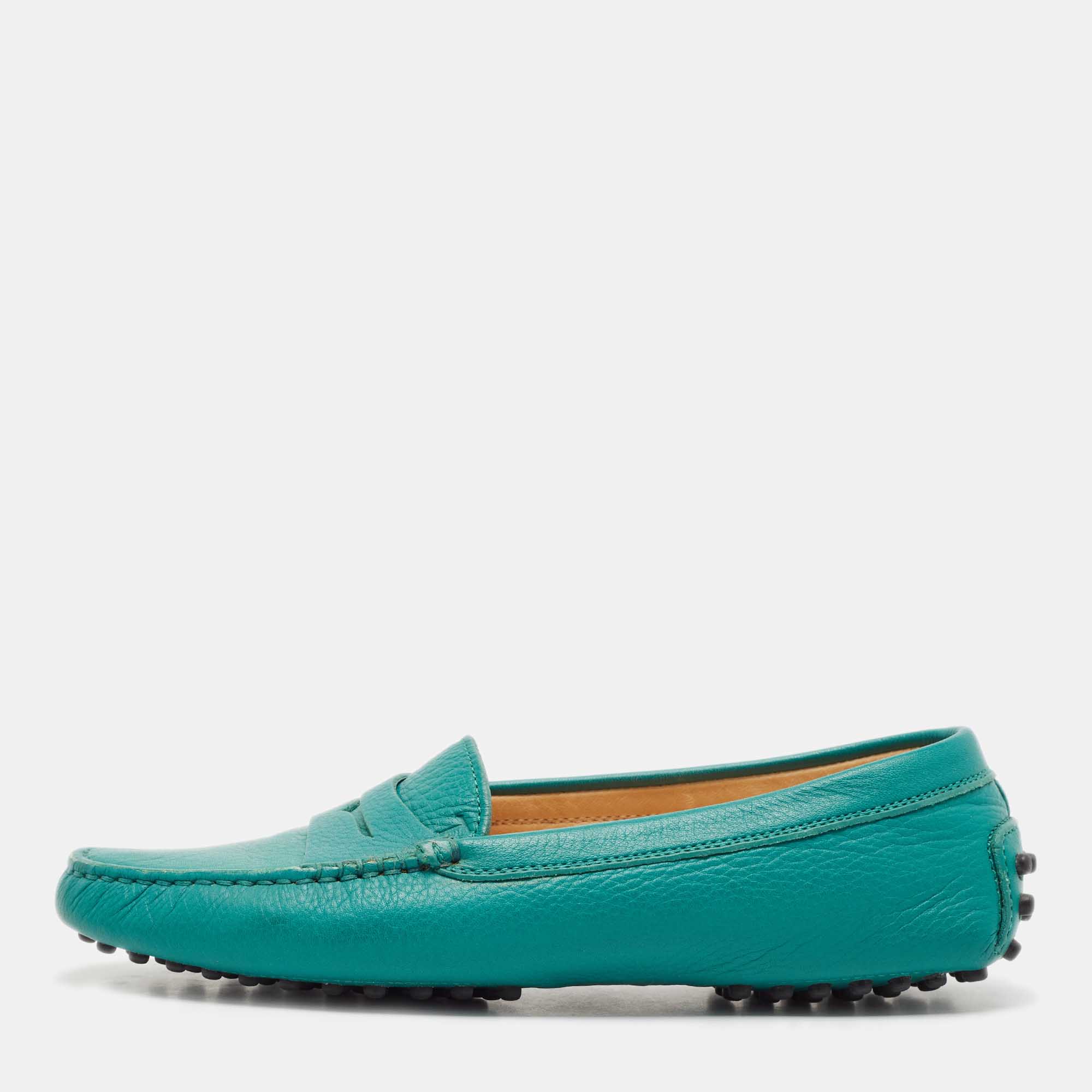 

Tod's Green Leather Gommino Slip On Loafers Size