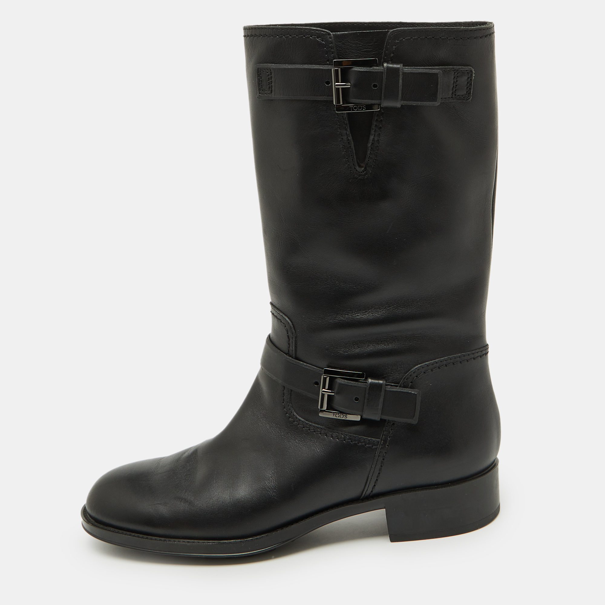 

Tod's Black Leather Buckle Detail Calf Length Boots Size