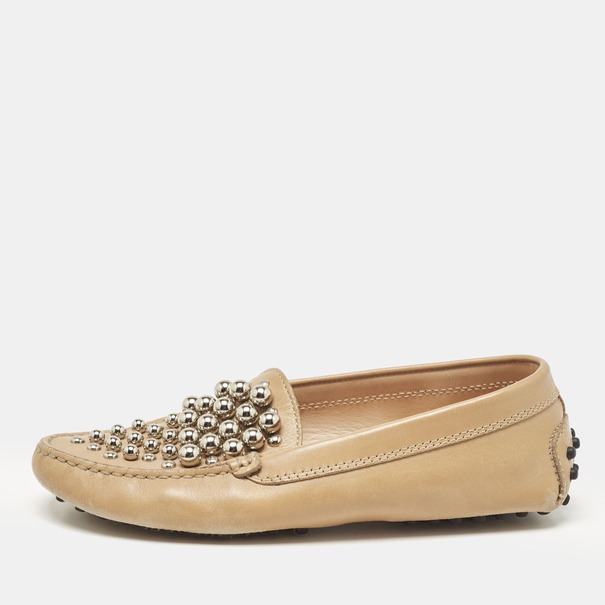 

Tod's Beige Leather Studded Slip On Loafers Size