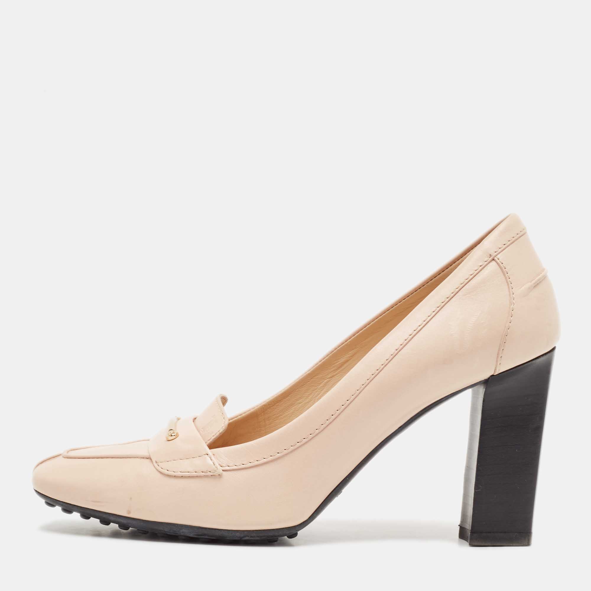 

Tod's Beige Leather Block Heel Loafer Pumps Size