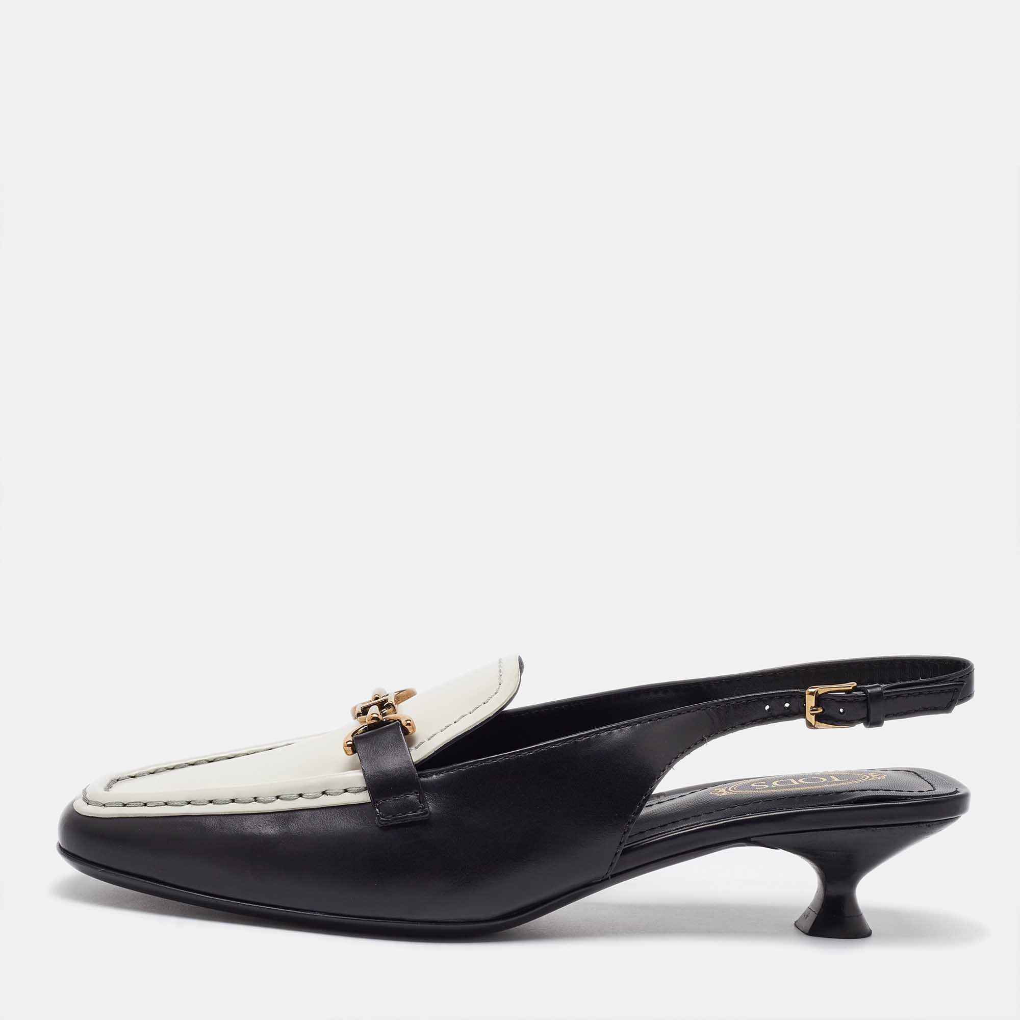 

Tod's White/Black Leather Slingback Loafers Size